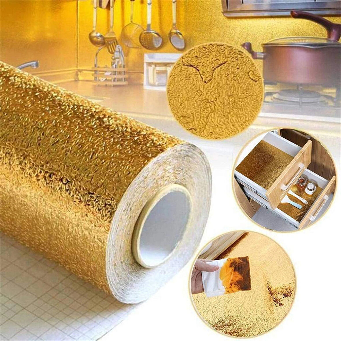 Forzacase 1 metre Isıya Dayanıklı Yapışkanlı Kolay Silinebilir Mutfak Tezgah Üstü Folyo Gold FC1050