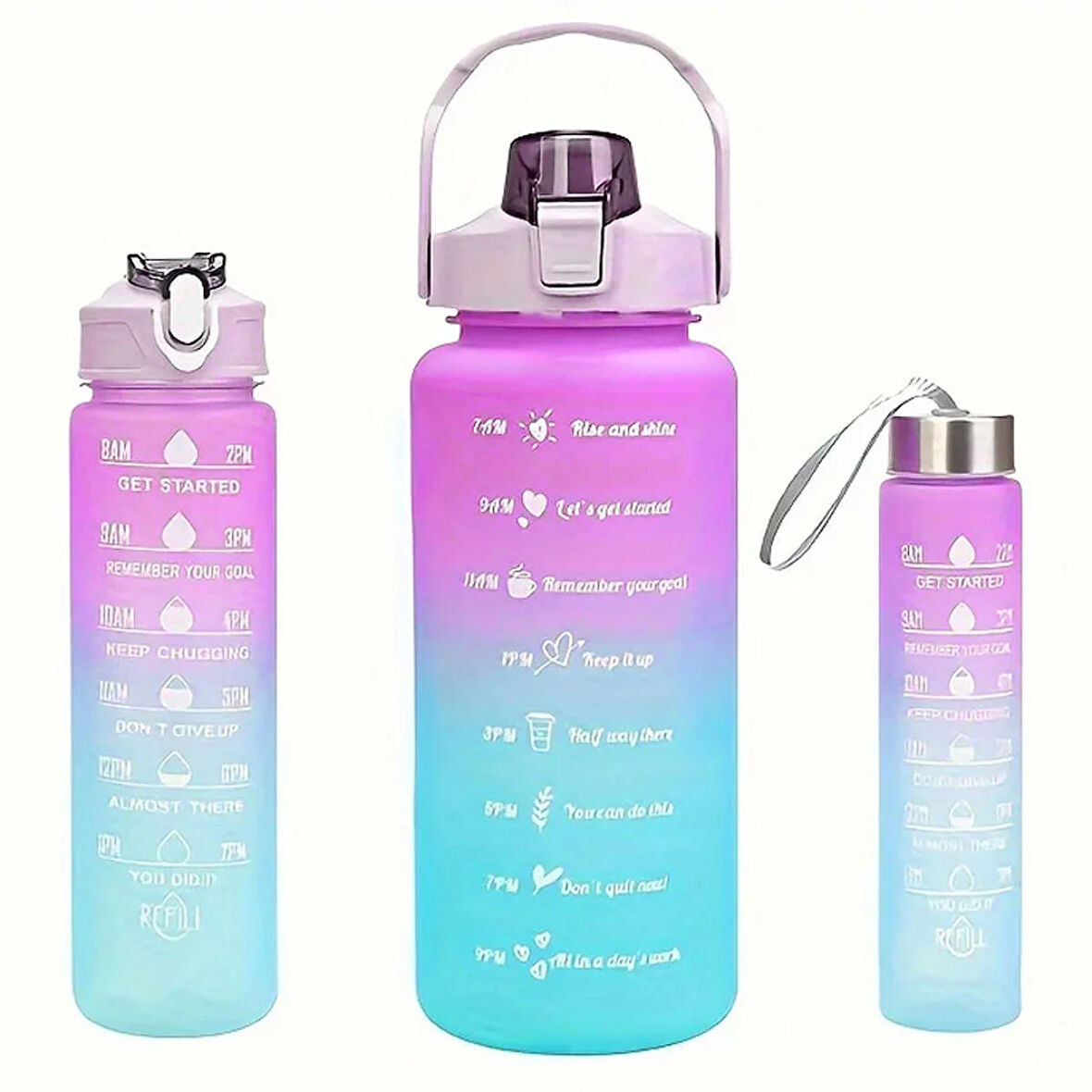 Forzacase Motivasyonel Spor Günlük 3lü Set Su Matarası Su Şişesi Suluk 2lt + 900ml + 300ml - FC107