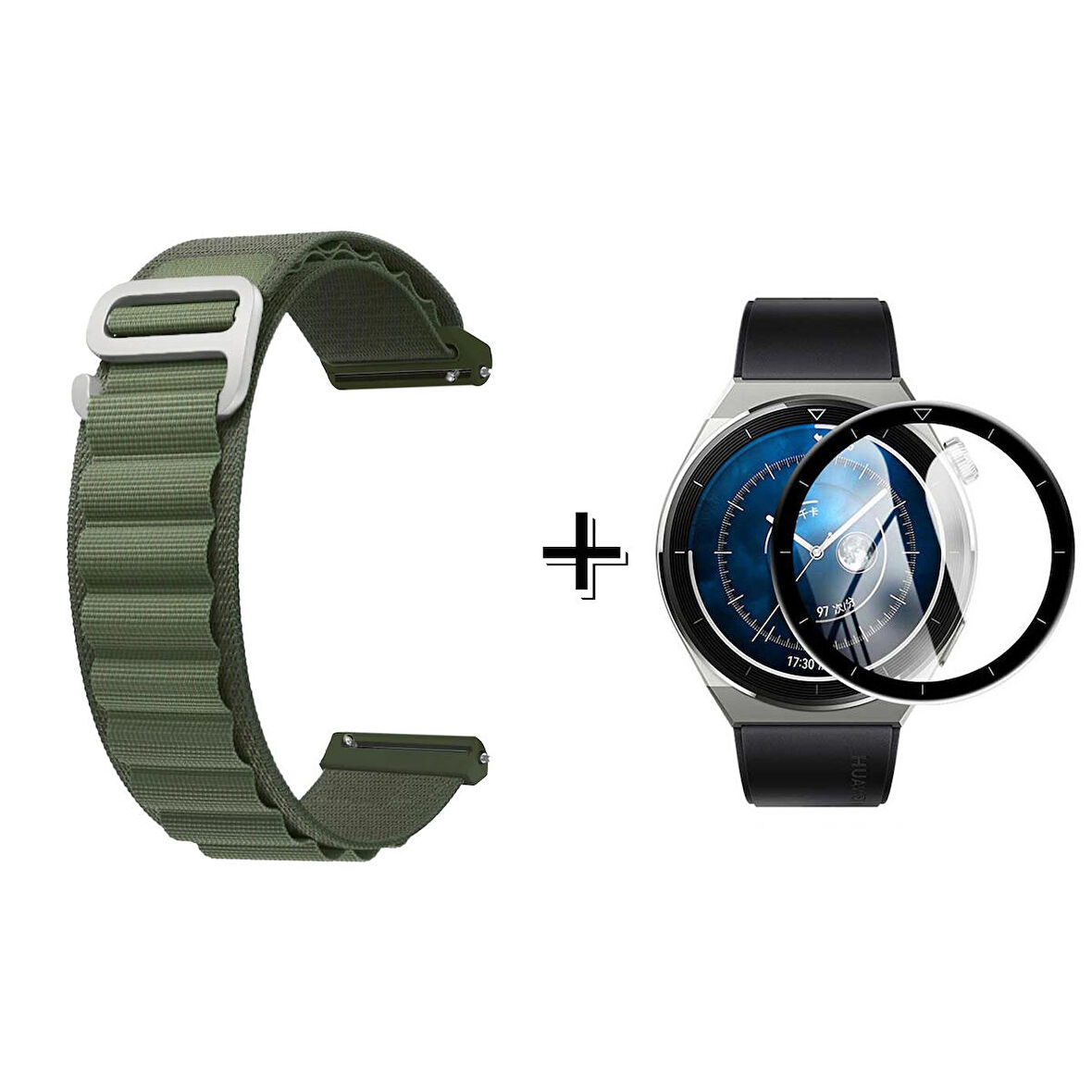 Forzacase Huawei Watch GT3 Pro 46mm için Kancalı Kumaş Kordon Kayış + Ekran Koruma Filmi - FC156