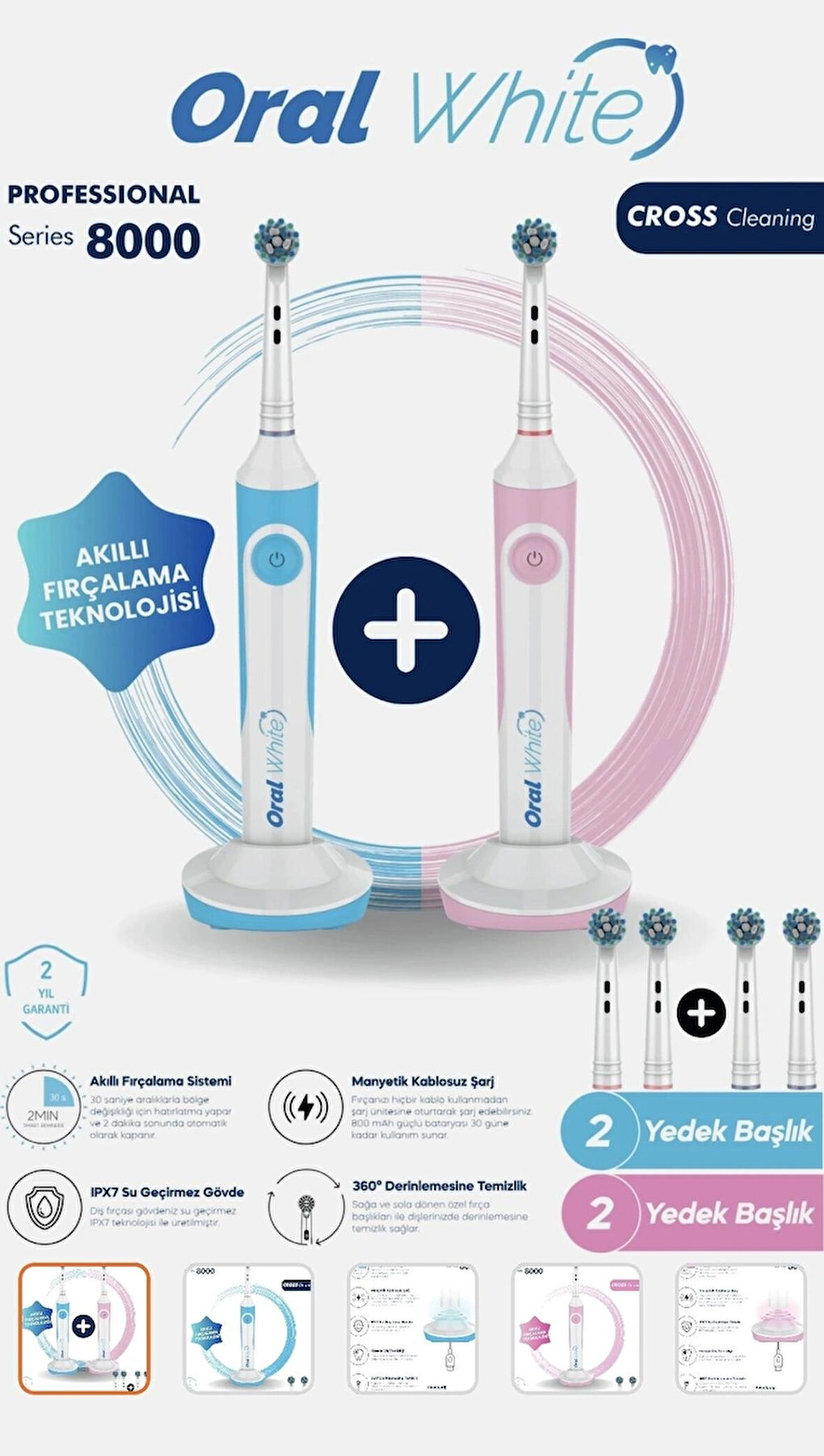 Oral White Professional Series 8000 Şarjlı Diş Fırçası Mavi ve Pembe İkili Set