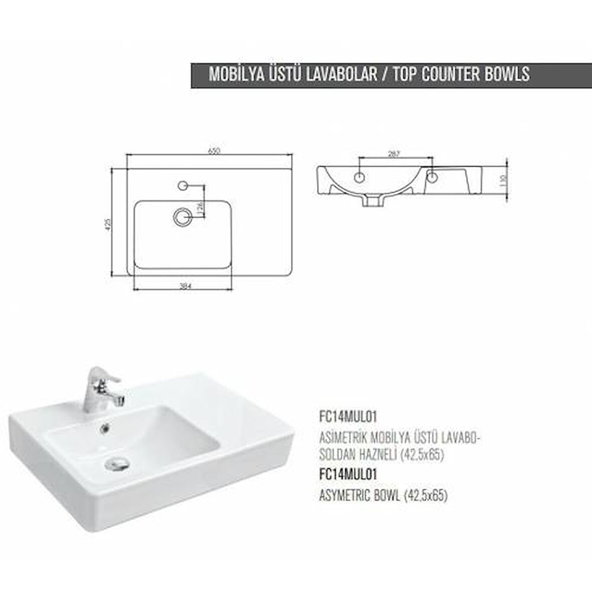 GÜRAL MOBİLYA ÜSTÜ LAVABO SOL ASİMETRİK 42,5CM X 65CM