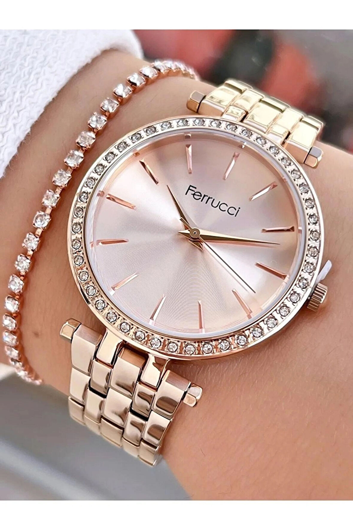 Ferrucci FC11290 Rose Gold Taşlı Çelik Kadın Kol Saati+Bileklik 