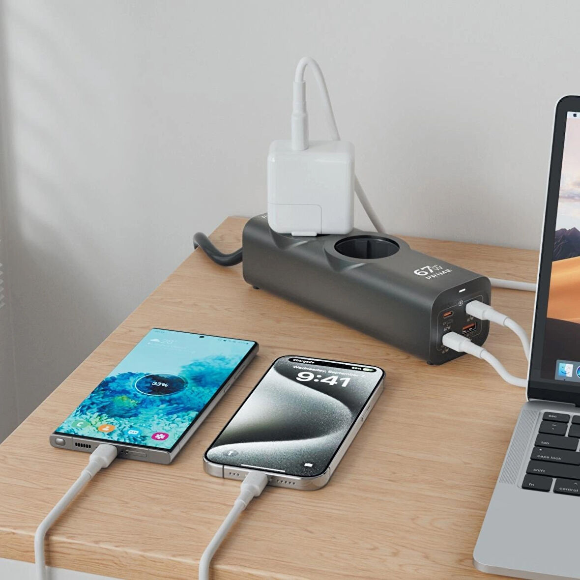 67W Hızlı Şarj Adaptör Özellikli Akım Korumalı Priz,3 Adet Hızlı Type-C Girişli,1,5 M Kablolu