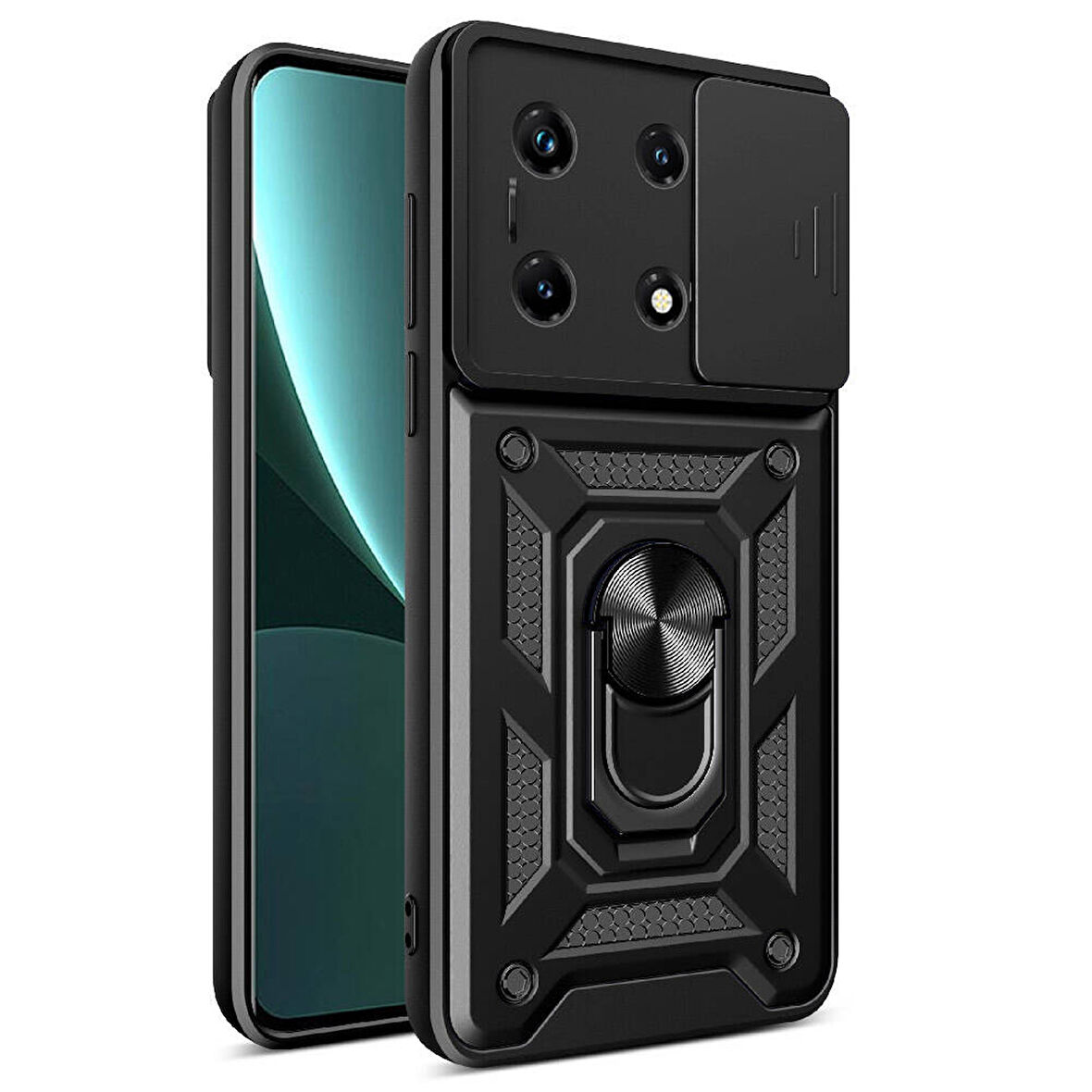 Forzacase Infinix Note 30 ile uyumlu Ares Serisi Yüzük Standlı Kamera Korumalı Sürgülü Sert Kılıf