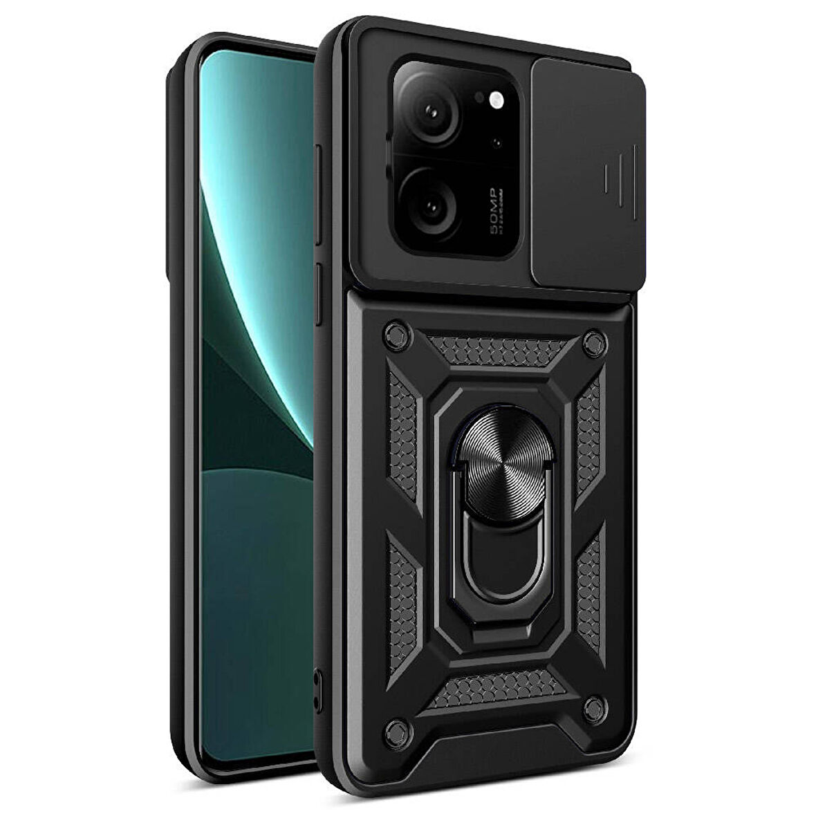 Forzacase Xiaomi Mi 13T / 13T Pro ile uyumlu Ares Yüzük Standlı Kamera Korumalı Sürgülü Sert Kılıf
