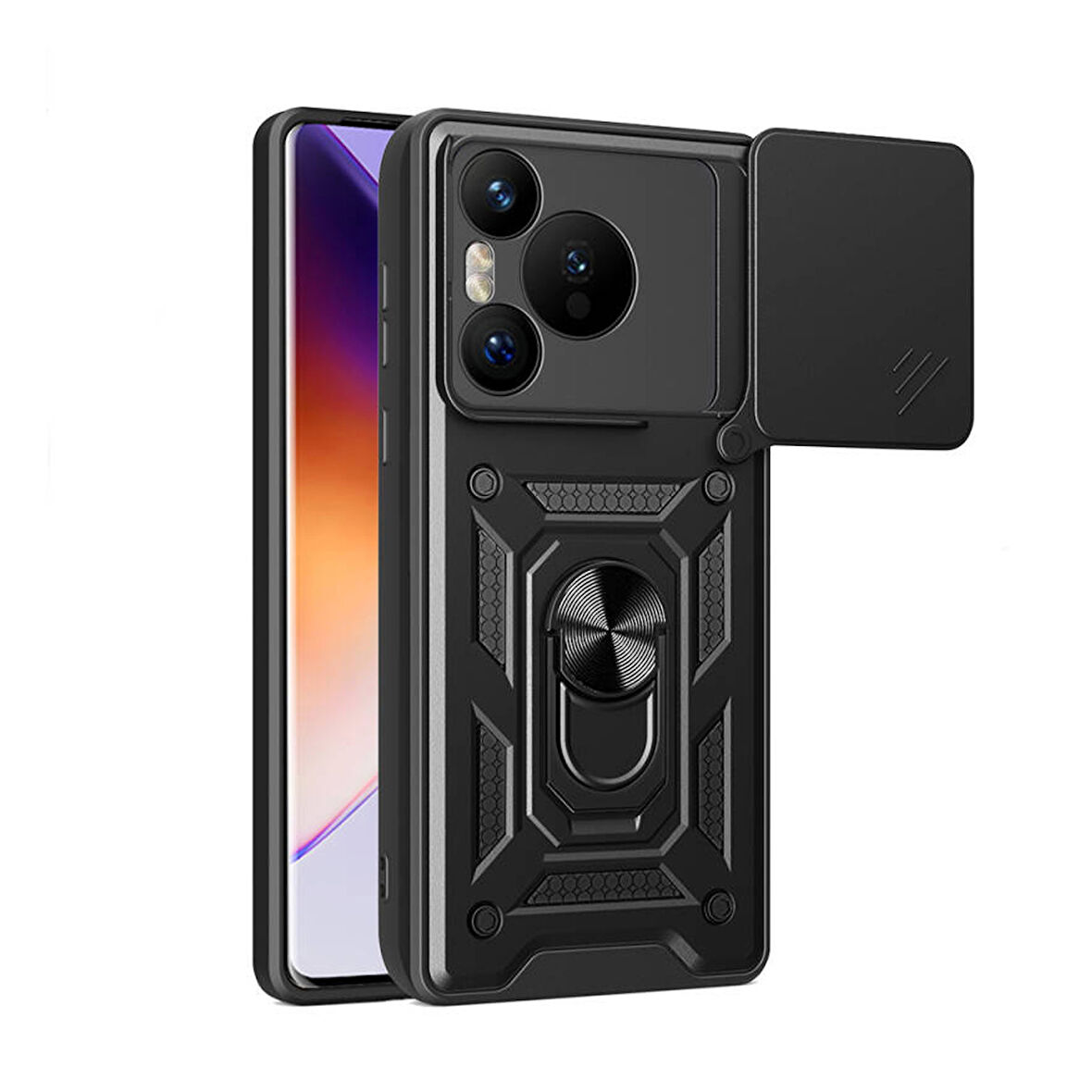 Forzacase Huawei Pura 70 ile uyumlu Ares Serisi Yüzük Standlı Kamera Korumalı Sürgülü Sert Kılıf