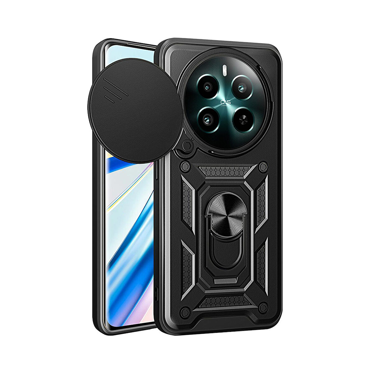 Forzacase Realme 12 ile uyumlu Ares Serisi Yüzük Standlı Kamera Korumalı Sürgülü Sert Kılıf