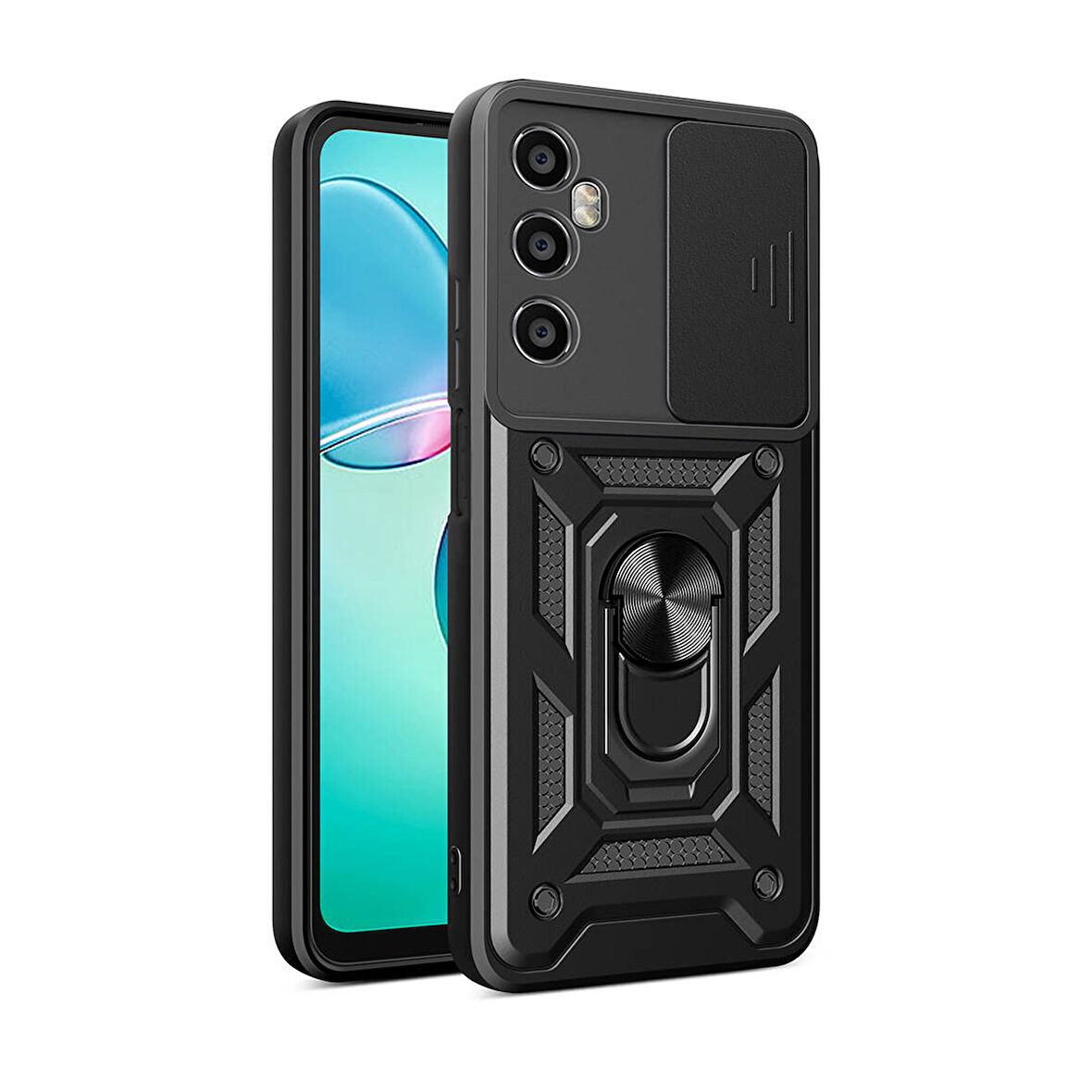 Forzacase Realme C65 4G ile uyumlu Ares Serisi Yüzük Standlı Kamera Korumalı Sürgülü Sert Kılıf