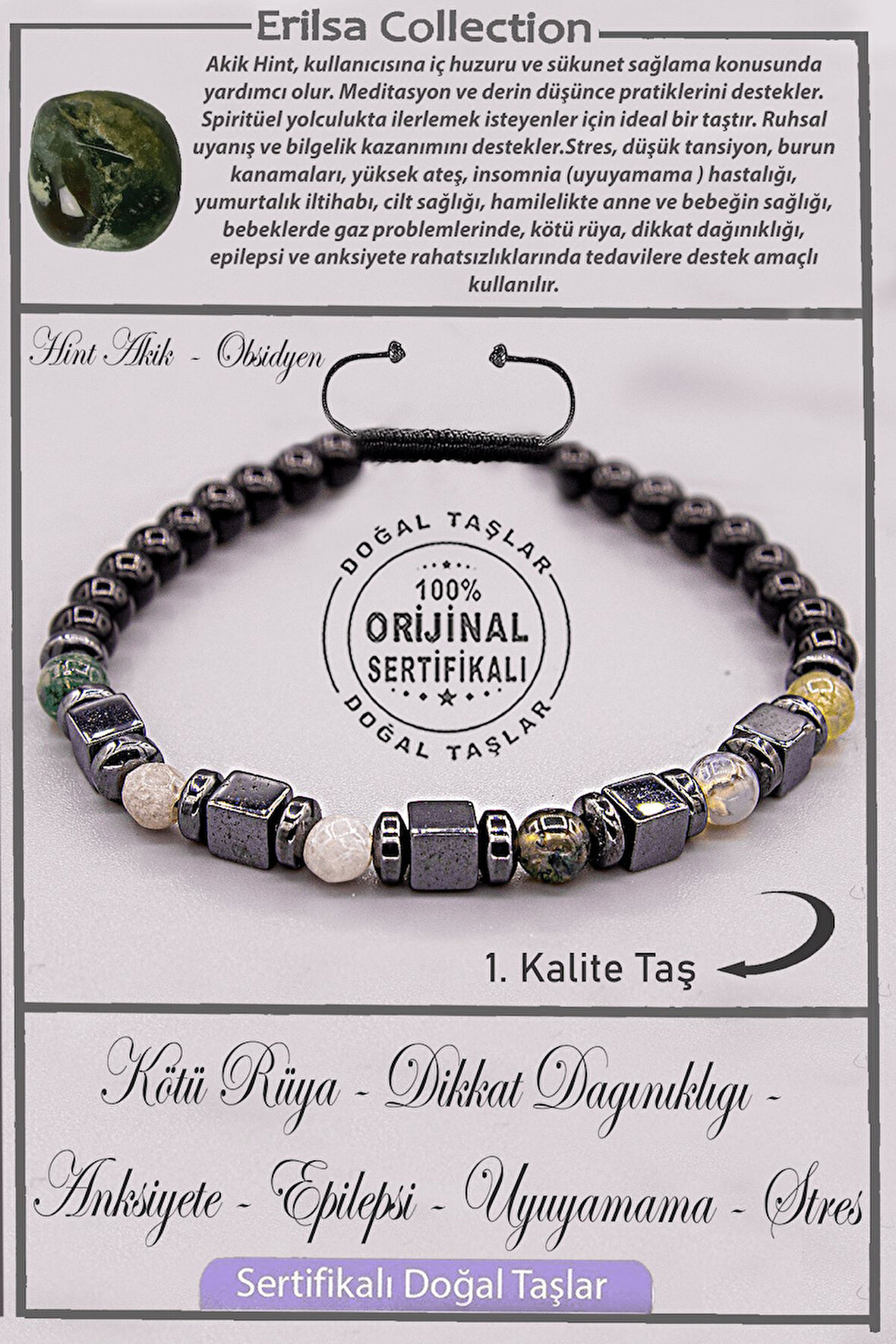 Sertifikalı AAA+ Kalite Gerçek Obsidyen - Hint Akik Taşı Bileklik - Ayarlamalı