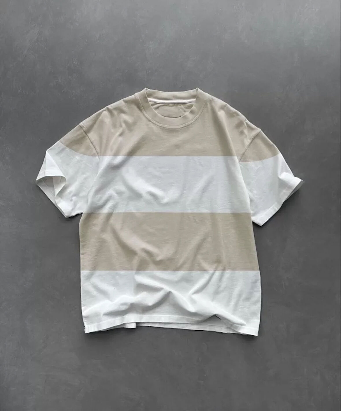 FD GİYİM Unisex Bisiklet Yaka Parçalı T-Shirt - Bej