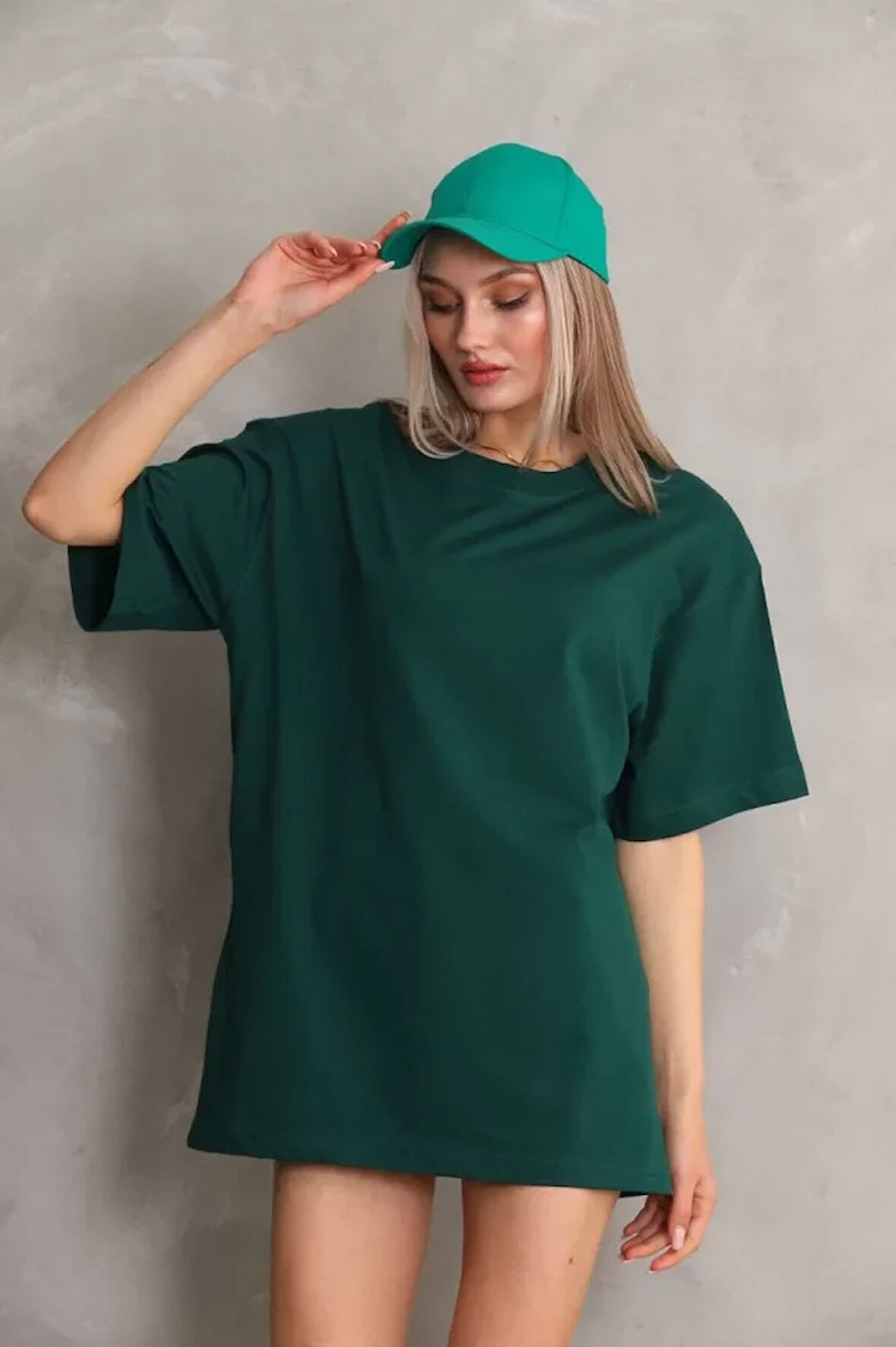 FD GİYİM Unisex Bisiklet Yaka 20/1 Düz Oversize T-Shirt - Yeşil