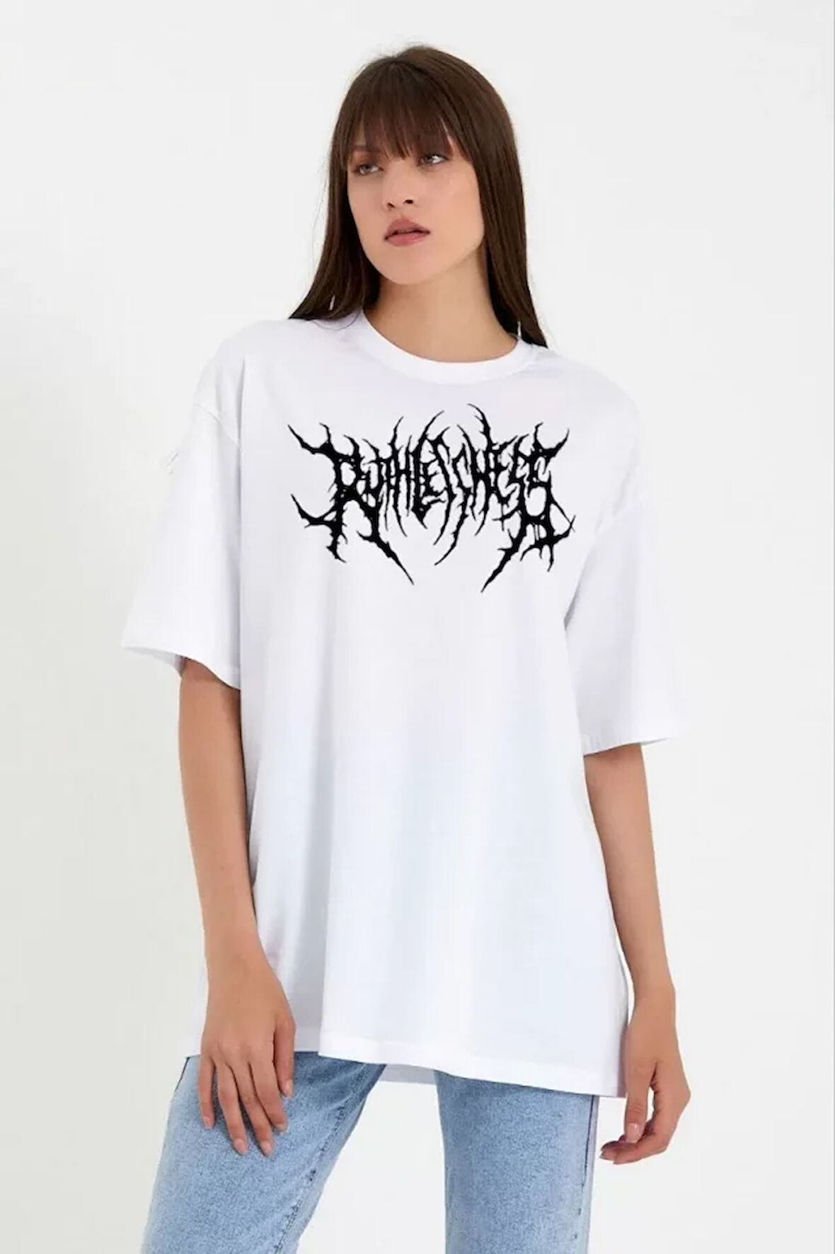 FD GİYİM Unisex Bisiklet Yaka Baskılı Oversize T-Shirt - Beyaz