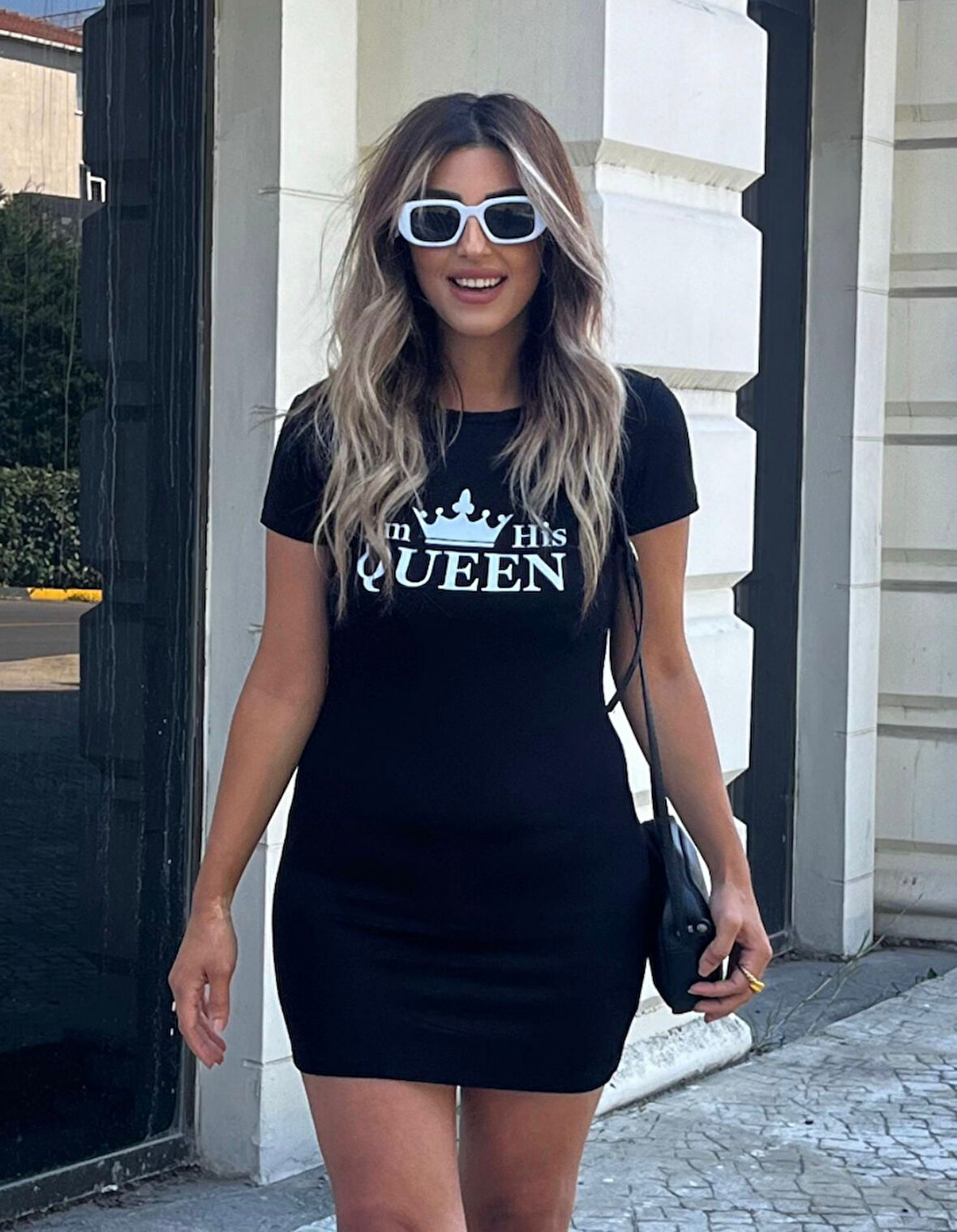 FD GİYİM Kadın Kısa Kollu Queen Baskı Iki Iplik Mini Elbise