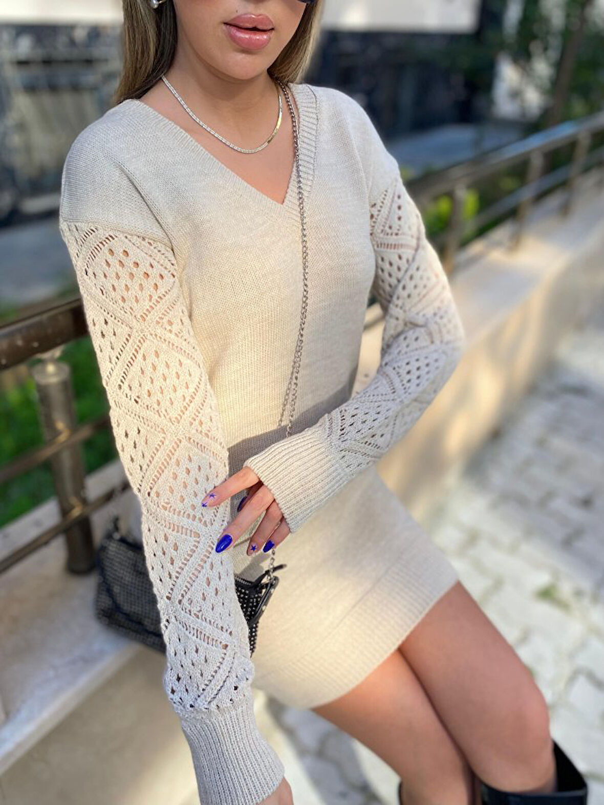 FD GİYİM Kadın Uzun Kollu V Yakalı Mini Triko Elbise