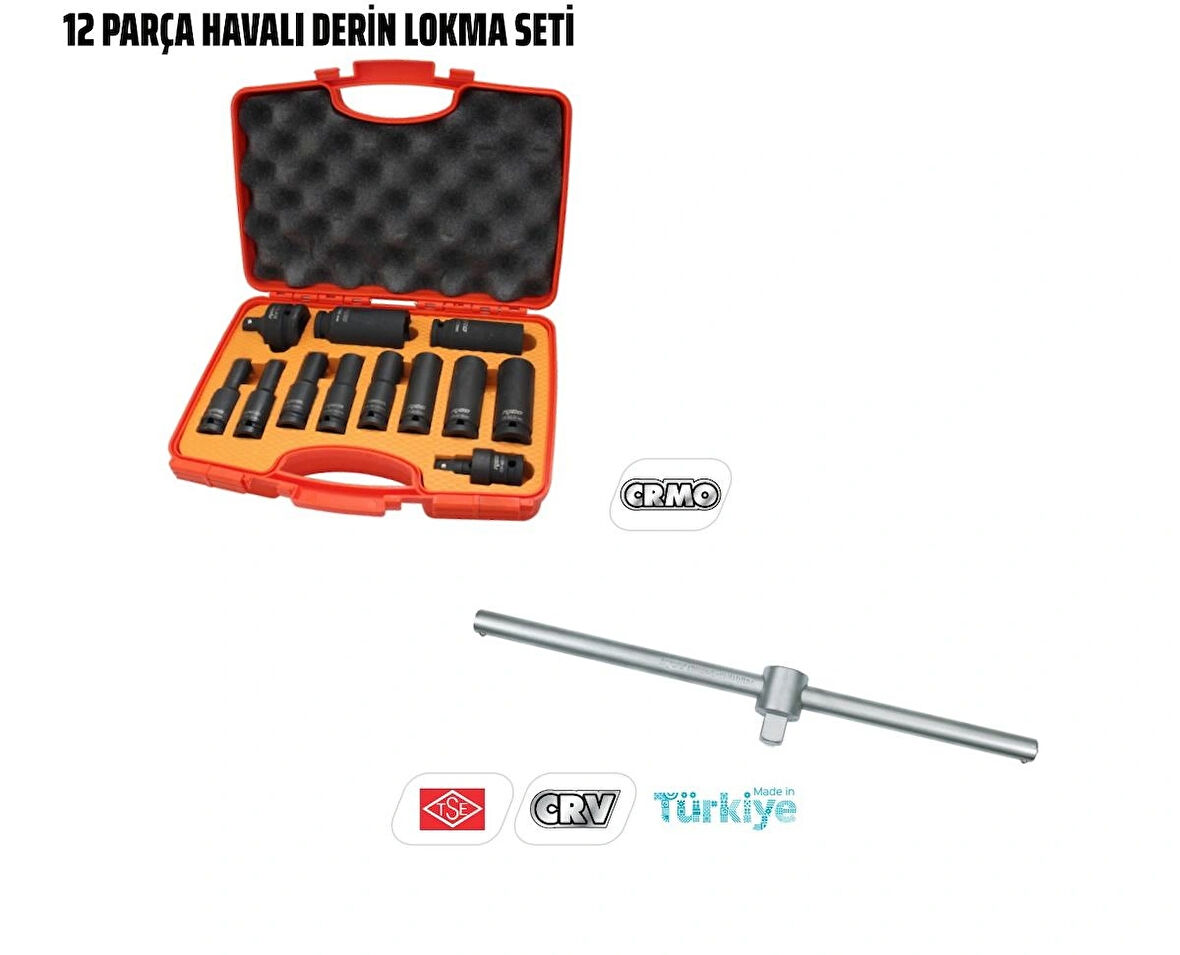 Rico Havalı Lokma Takımı Seti 12 Parça 1/2 6 Köşe 1/2 300mm T Kol