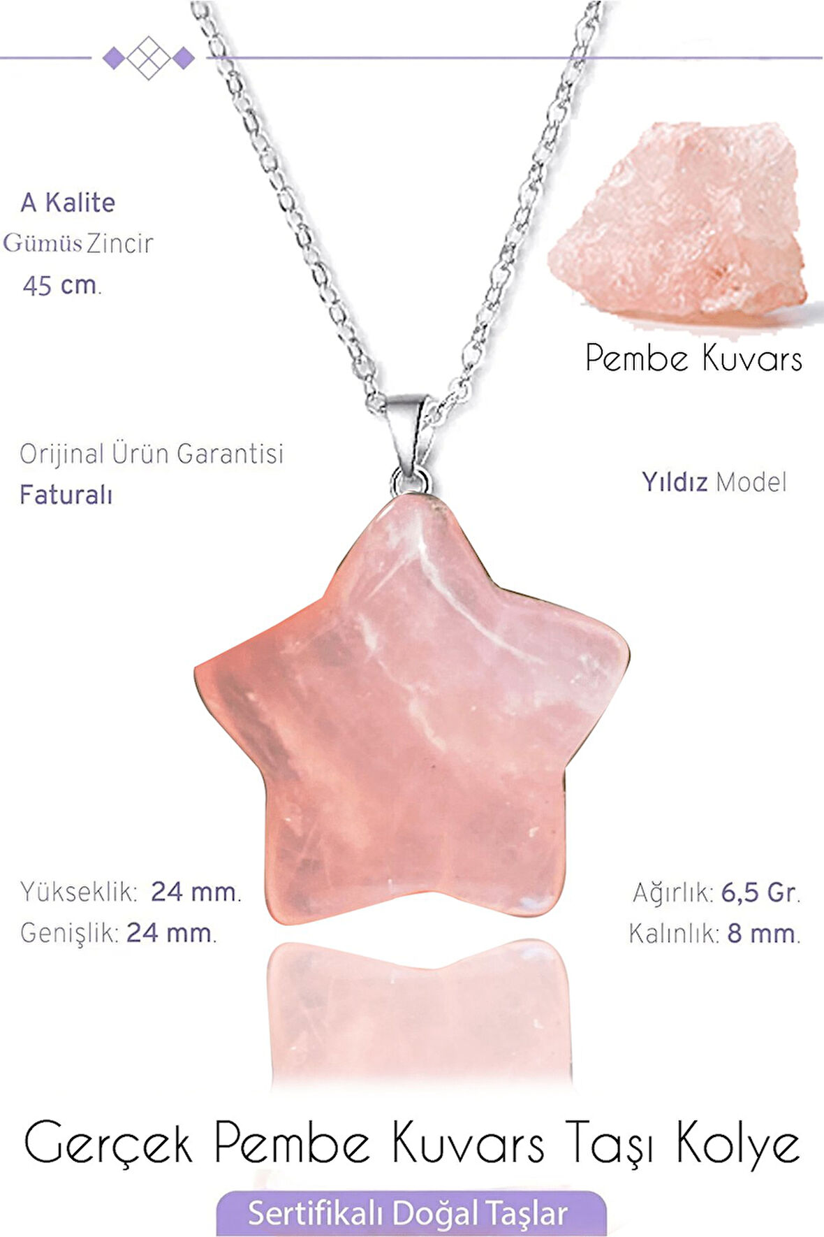 Sertifikalı Gerçek Yıldız Model Pembe Kuvars Taşı Kolye - Gümüş Aparatlı