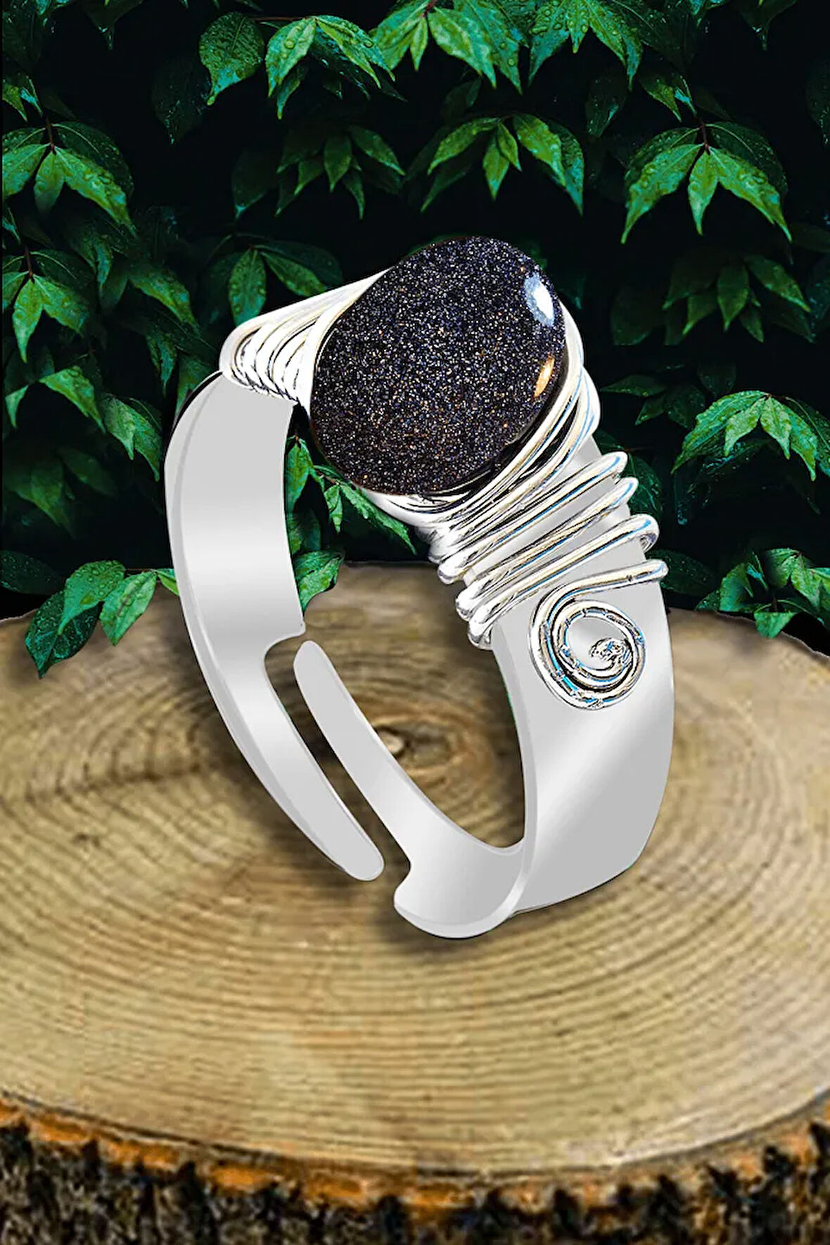 Sertifikalı Kalın Tımbıl Gümüş Model Lacivert Yıldız Taşı Yüzük - Ayarlamalı