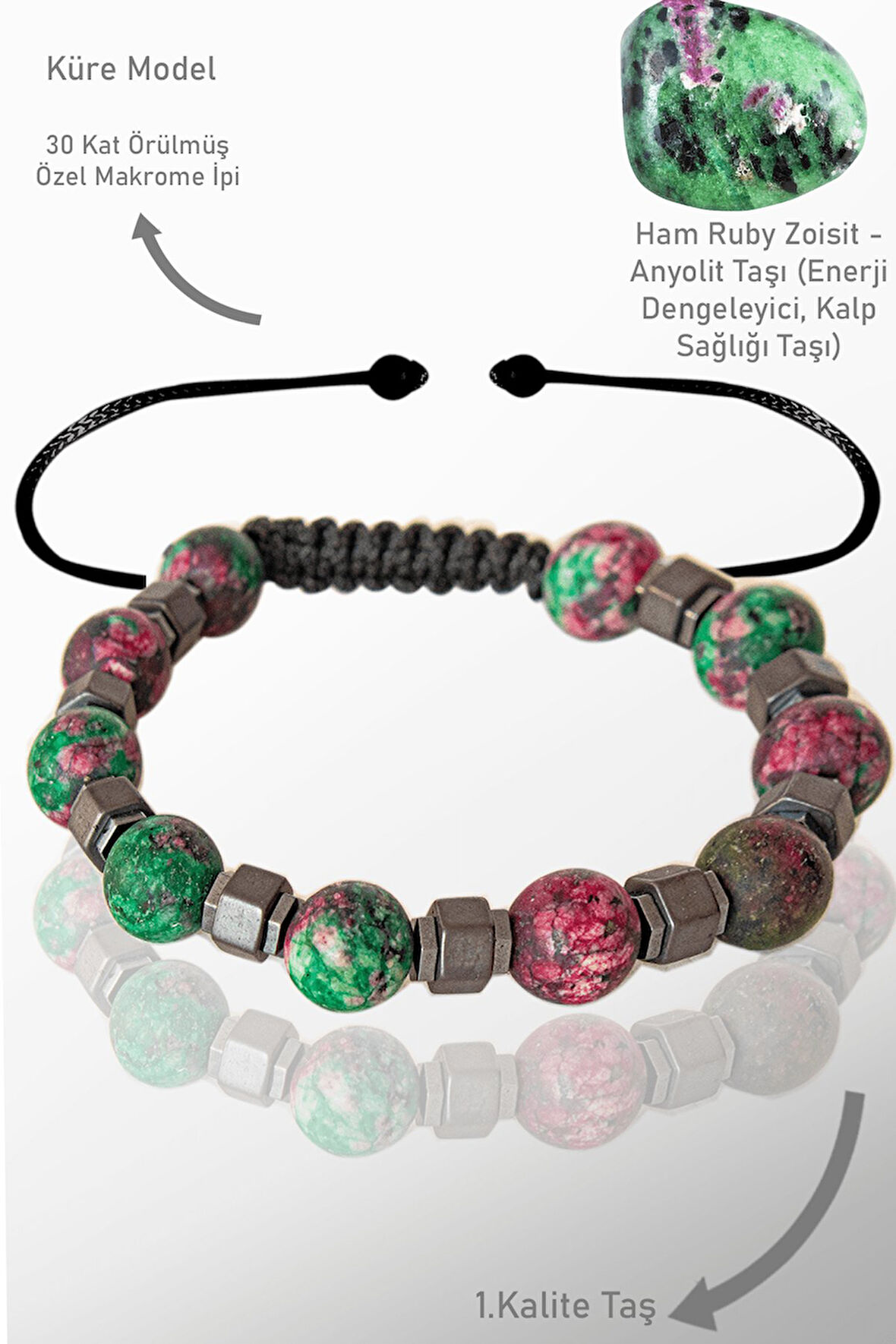  Sertifikalı AAA+ Gerçek Ham Ruby Zoisite Taşı Bileklik - Ayarlamalı