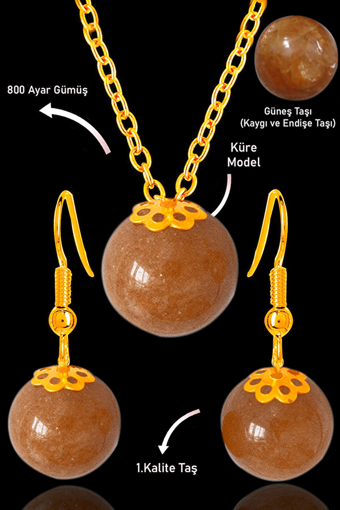 Sertifikalı Gold Küre Model Güneş Taşı Kolye ve Küpe Seti - Gümüş Aparatlı - Koyu Renk