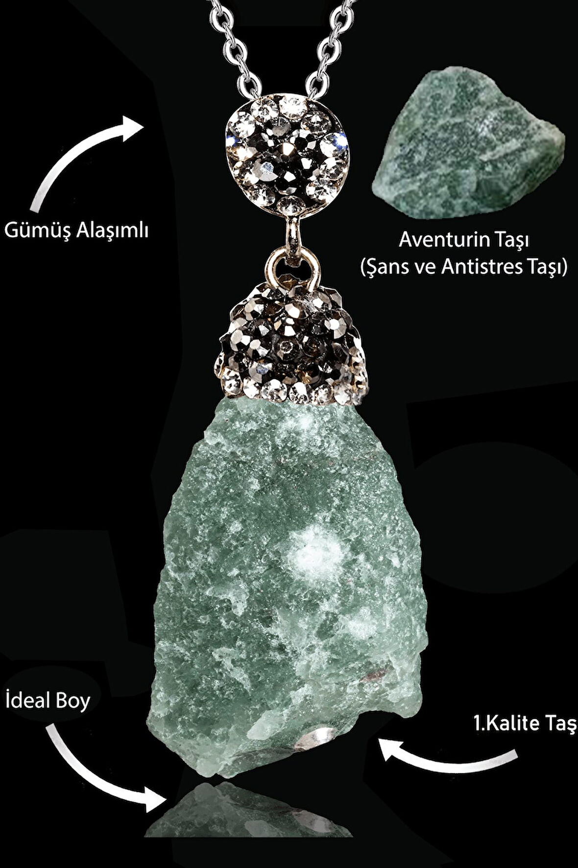 Sertifikalı Zirkon Taşlı Ham İşlenmemiş Aventurin Taşı Kolye