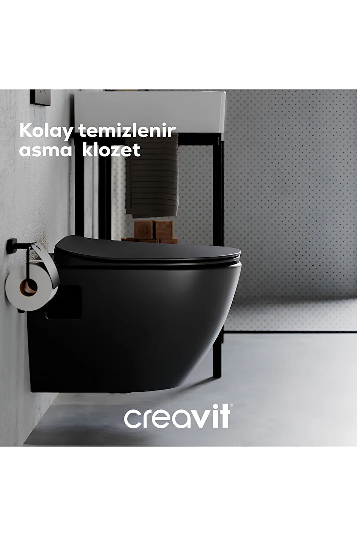 Free Mat Siyah Asma Klozet FE320-00SM00E, Creavit Duroplast Yavaş Kapak