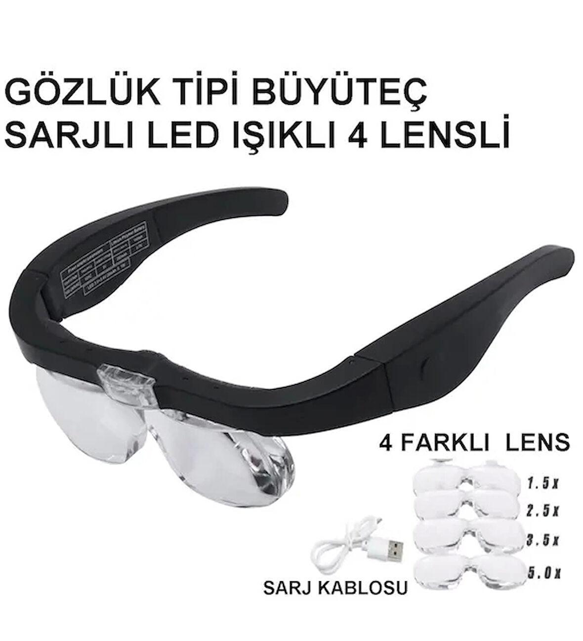 Şarjlı Gözlük Büyüteç 4 Farklı Lens 11537dc