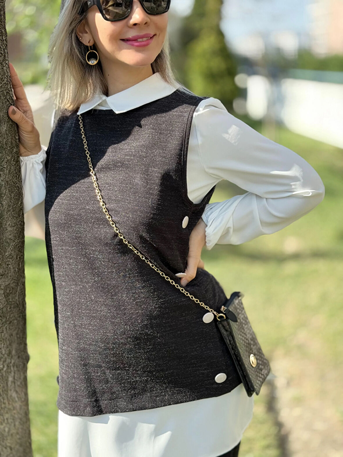 Yanları Düğmeli Yelek, Tunik ve Pantolon Üçlü Takım