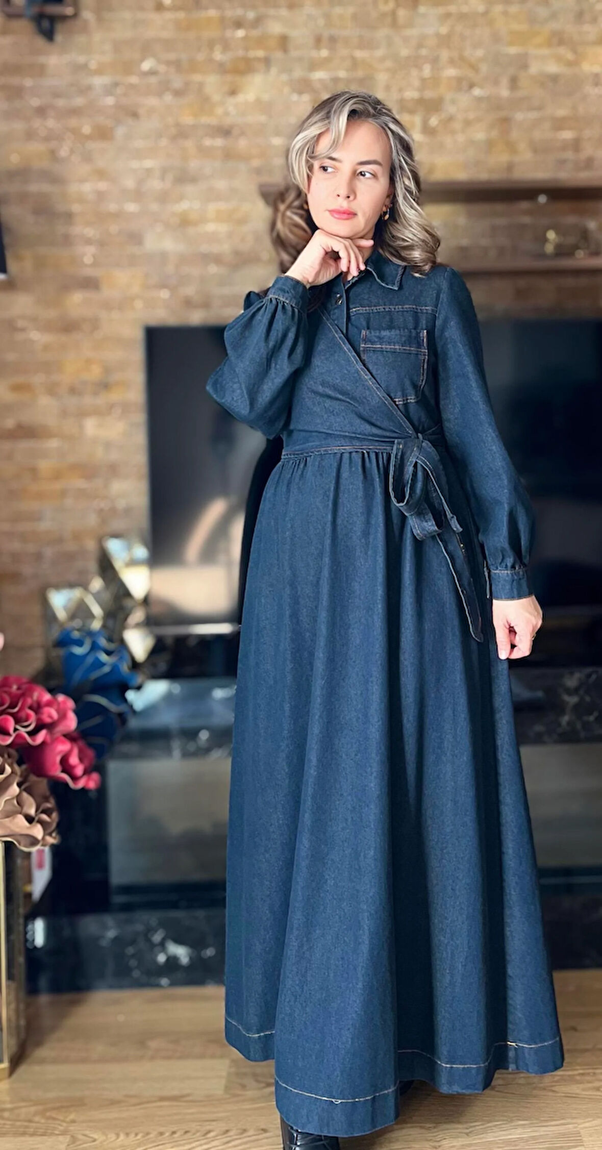 Premium Kalite Yandan Bağlamalı Denim Kot Elbise Tesettür Jean Elbise