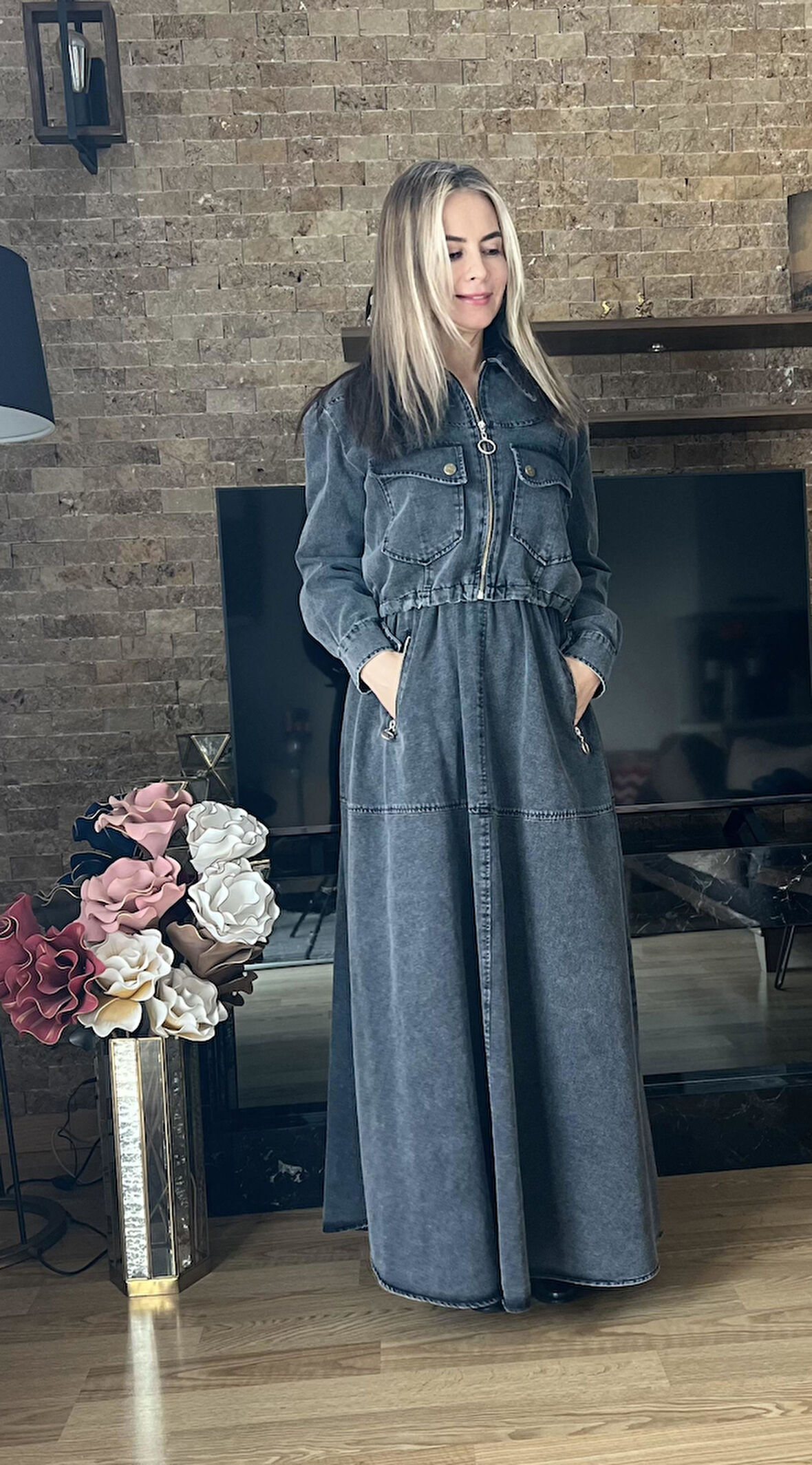 Premium Denim Kot Jile Elbise ve Ceket İkili Takım İkili Denim Ceket Elbise Takım