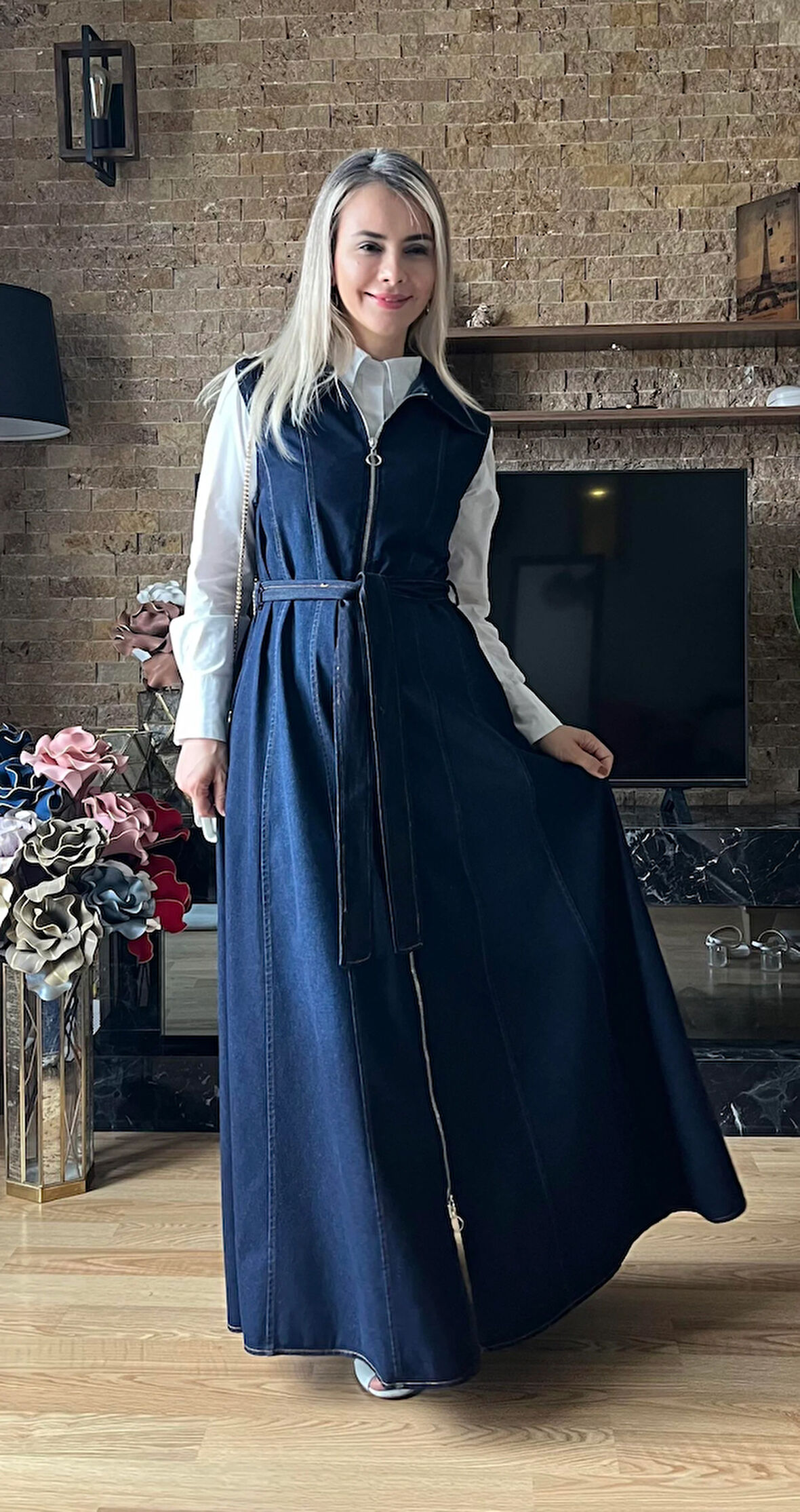 Kadın Kot Boydan Boya Fermuarlı Jile Elbise - Günlük ve Şık Tasarım Denim Elbise