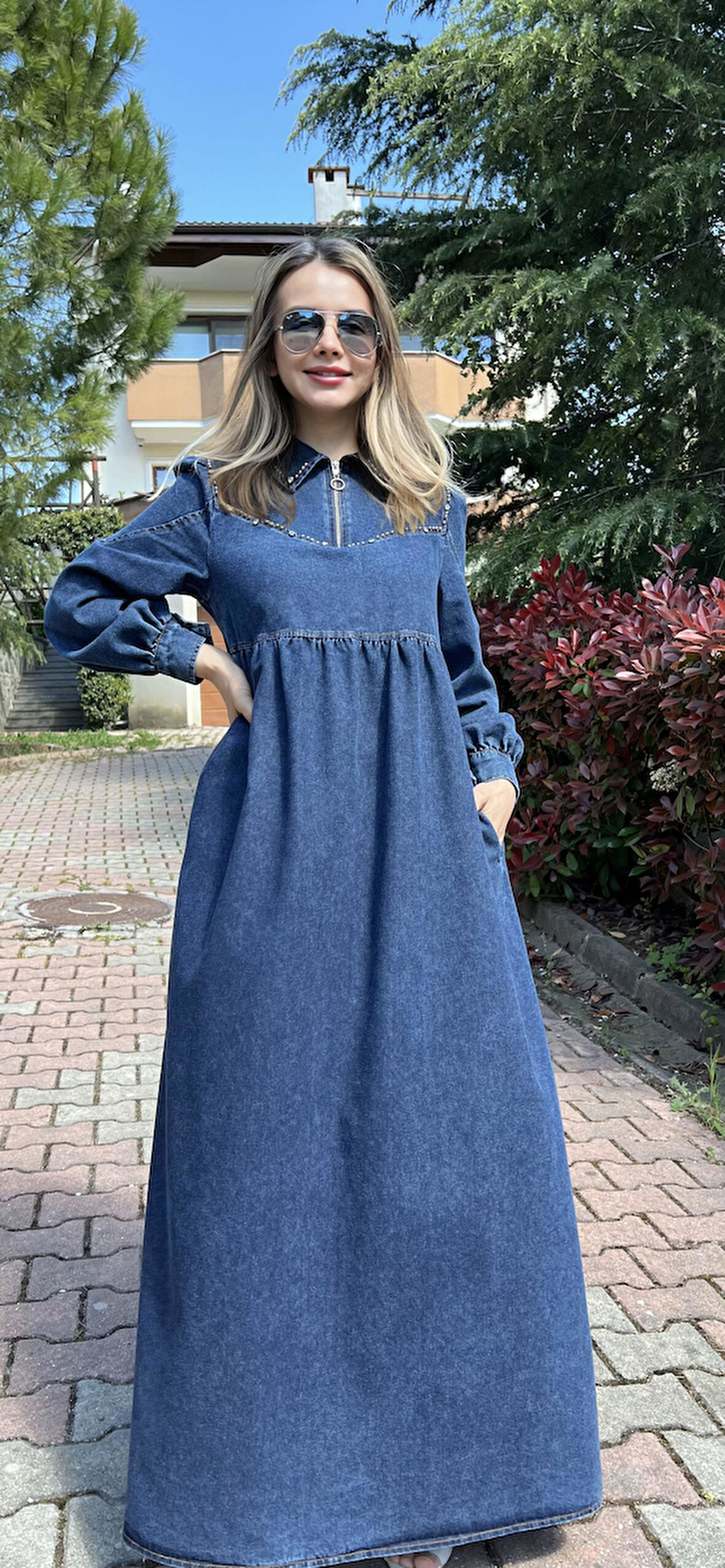 Premium Kalite Taş Süslemeli Yazlık Denim Kot Elbise Tesettür Jean Elbise 140 cm