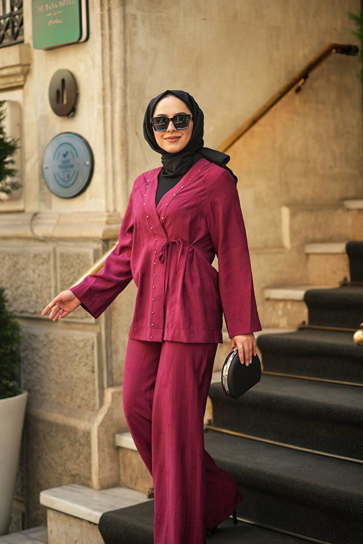 Kadın Yazlık Modal Kumaş Boncuk Detaylı Bağlamalı Ceket & Pantolon İkili Takım