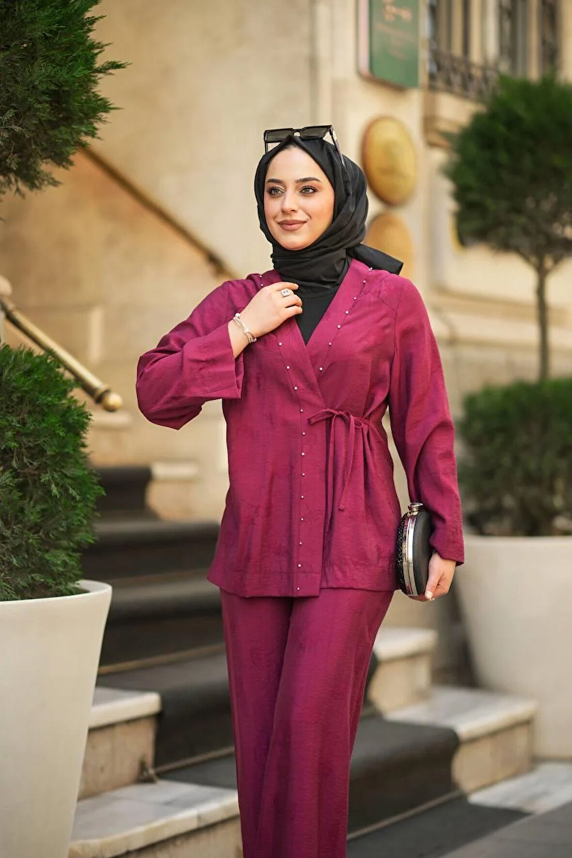 Kadın Yazlık Modal Kumaş Boncuk Detaylı Bağlamalı Ceket & Pantolon İkili Takım