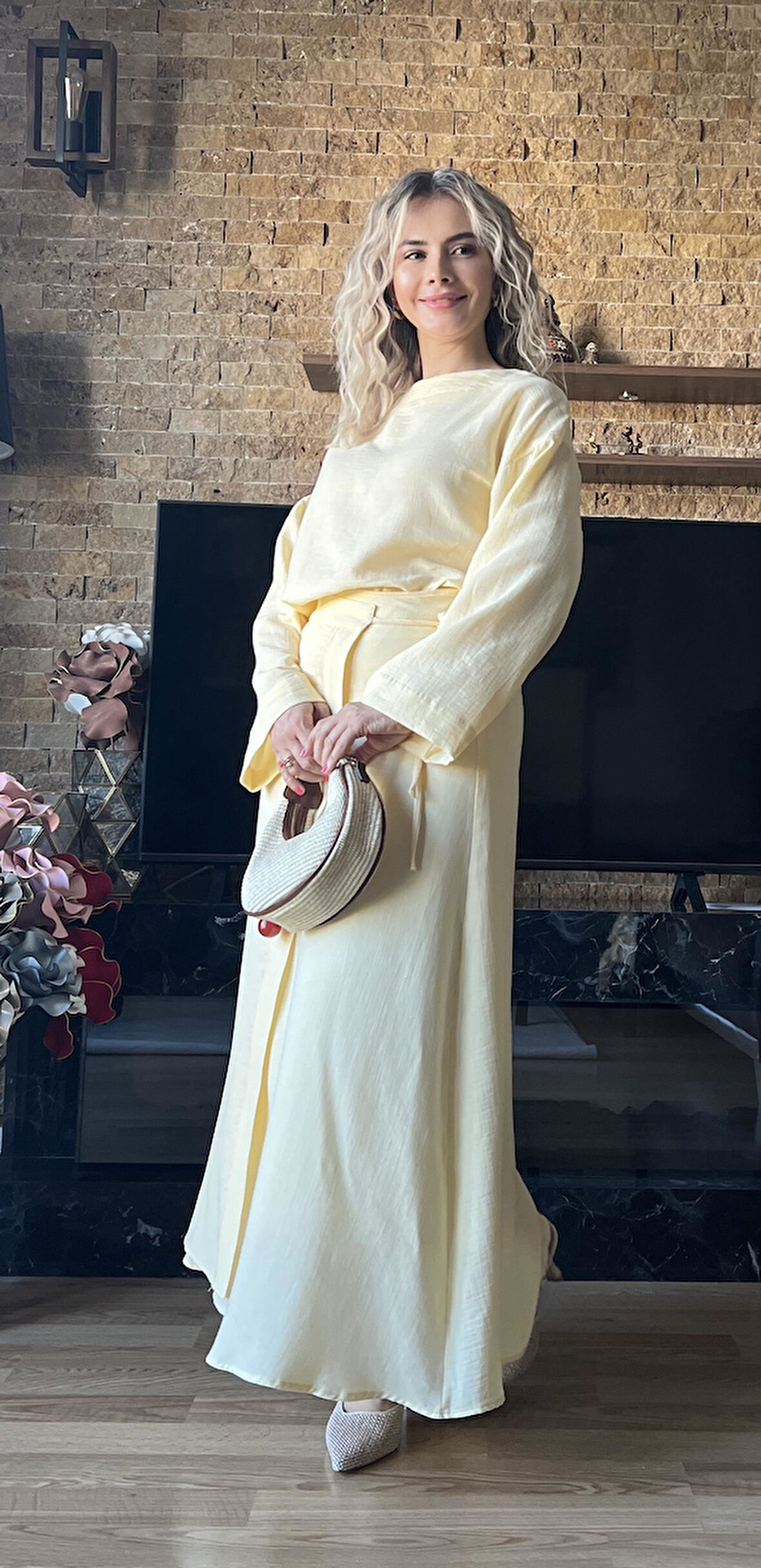 Kadın Müslin Kumaş Bluz ve Etek Tasarım İkili Takım Tesettür Uyumlu Yazlık Takım