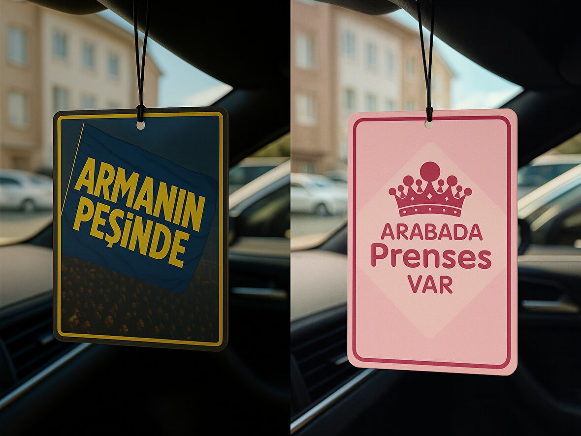 Sarı Lacivert Armanın Peşinde ve Arabada Prenses Var - İkili Oto Kokusu - Dekoratif Araç Kokusu ve Aksesuarı