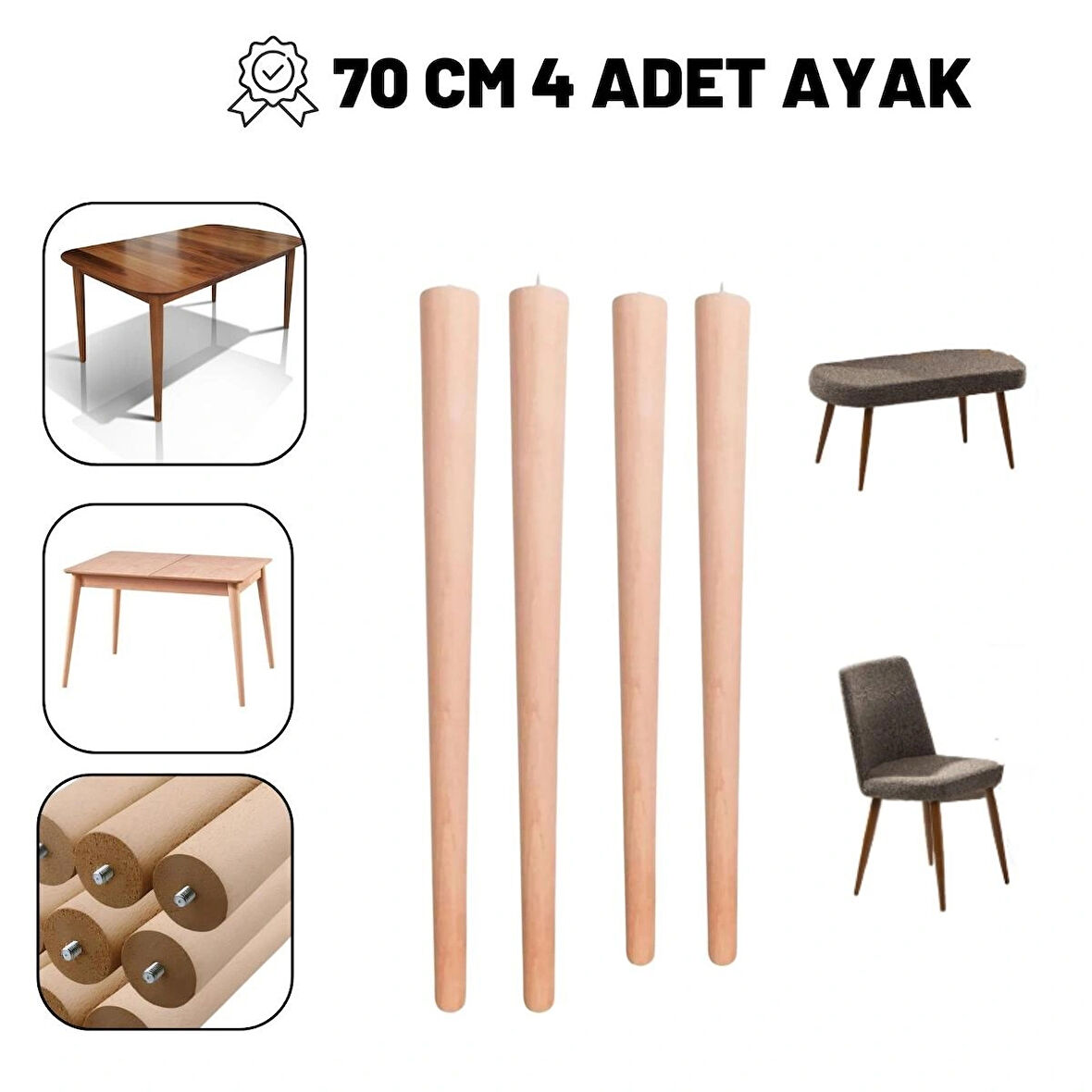 4 Lü Ahşap Konik Ayak 70 Cm APARATLI