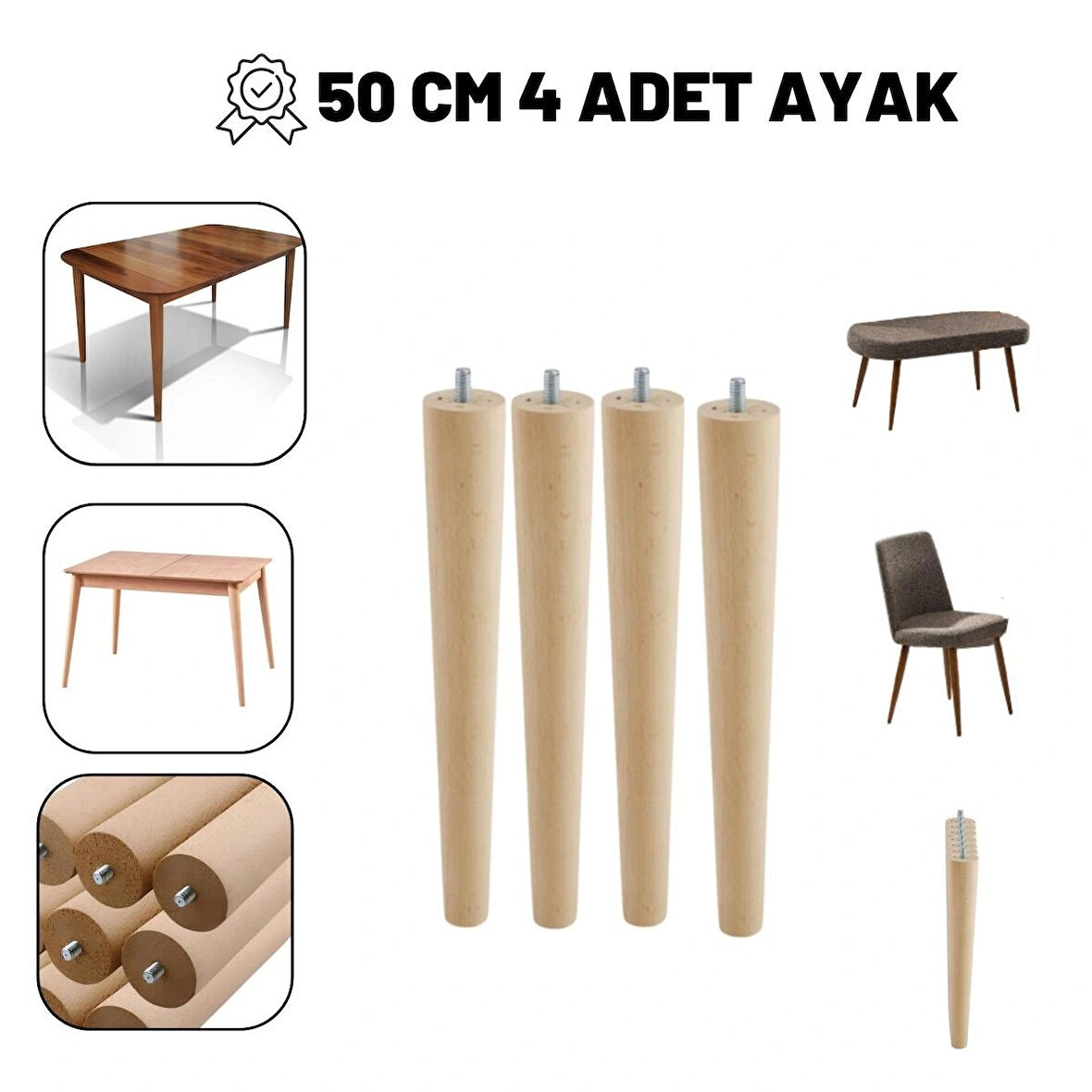 4 Lü Ahşap Konik Ayak 50 Cm APARATLI