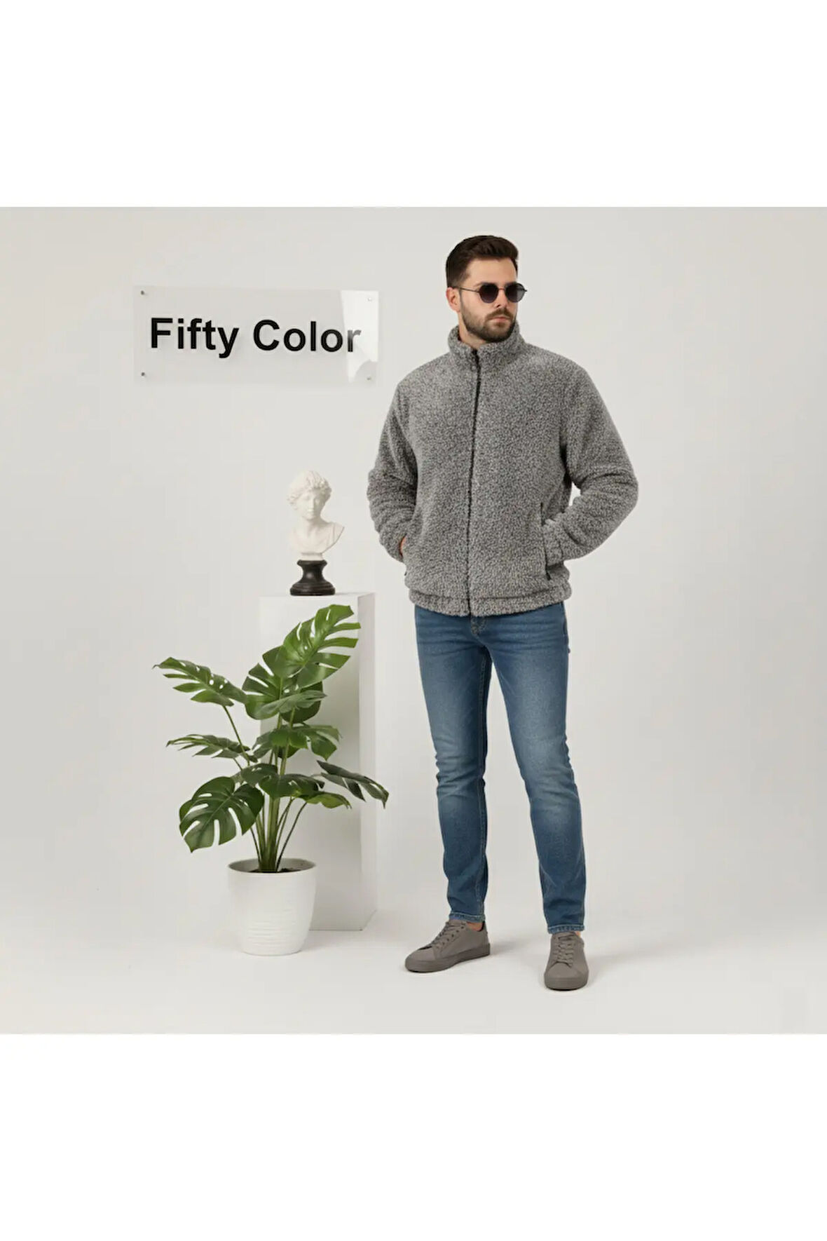 Gri, Peluş, Wellsoft Dik Yaka, Cepleri Fermuarlı, Oversize Kesim, Peluş Ceket