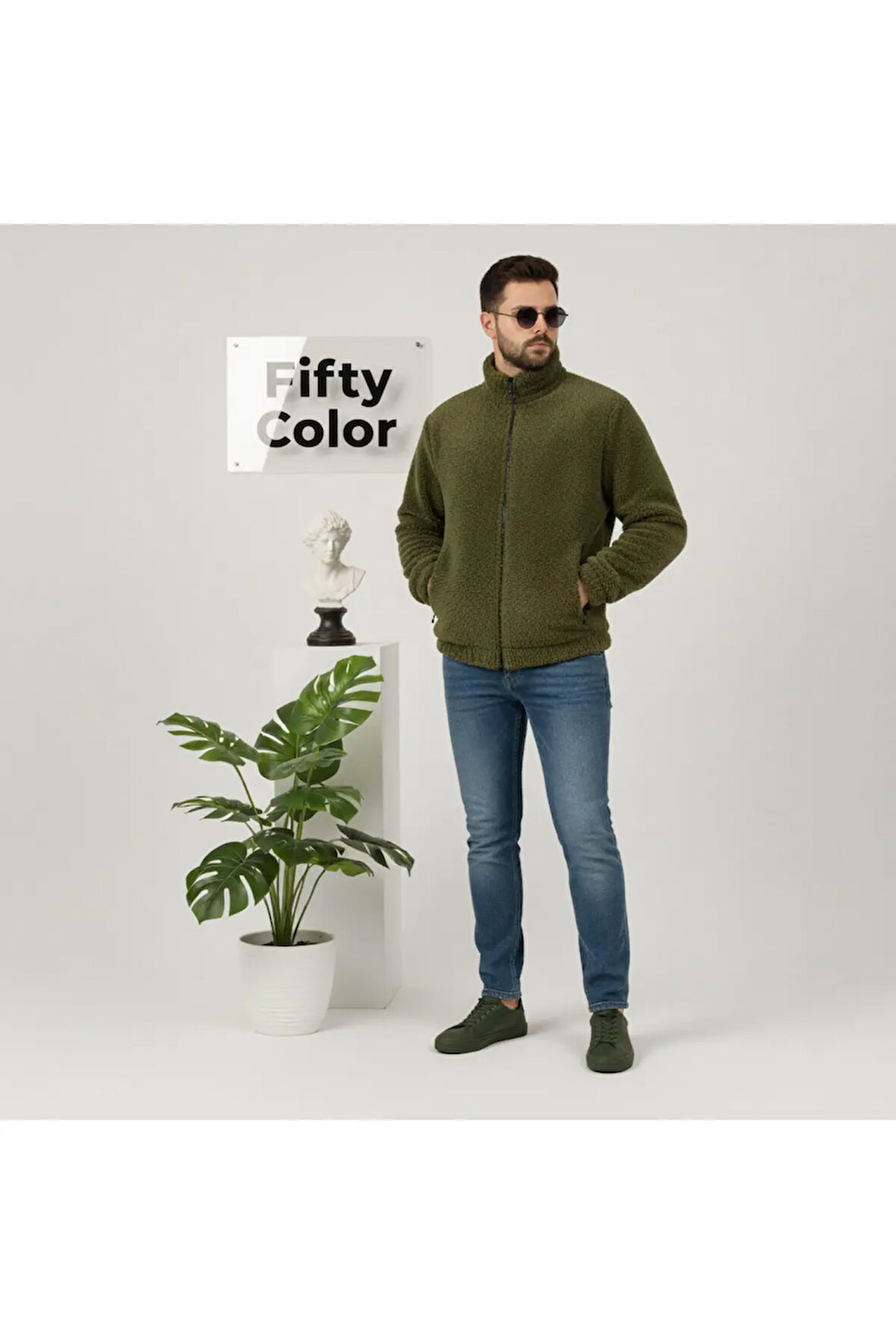 Haki, Peluş, Wellsoft Dik Yaka, Cepleri Fermuarlı, Oversize Kesim, Peluş Ceket