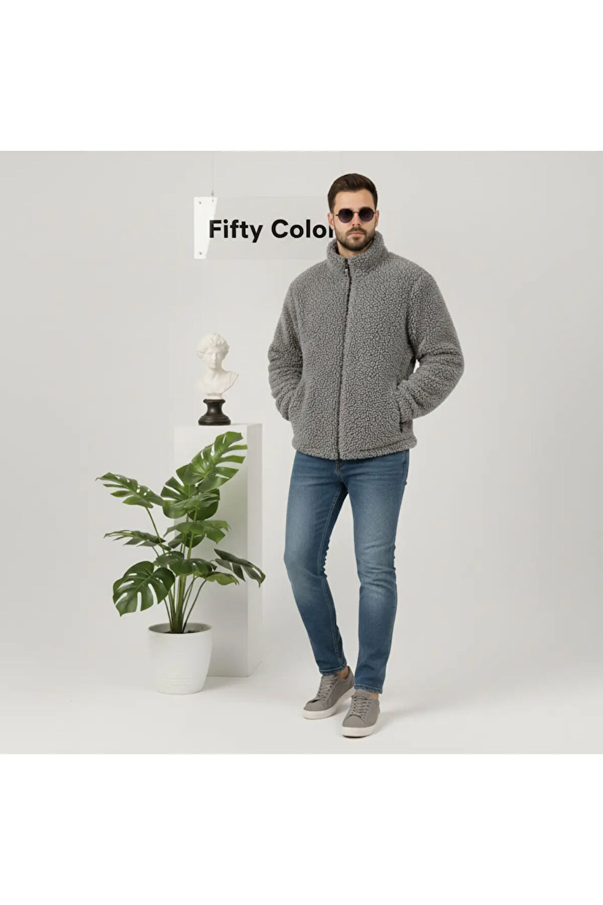 Kül Rengi, Peluş, Wellsoft Dik Yaka, Cepleri Fermuarlı, Oversize Kesim, Peluş Ceket