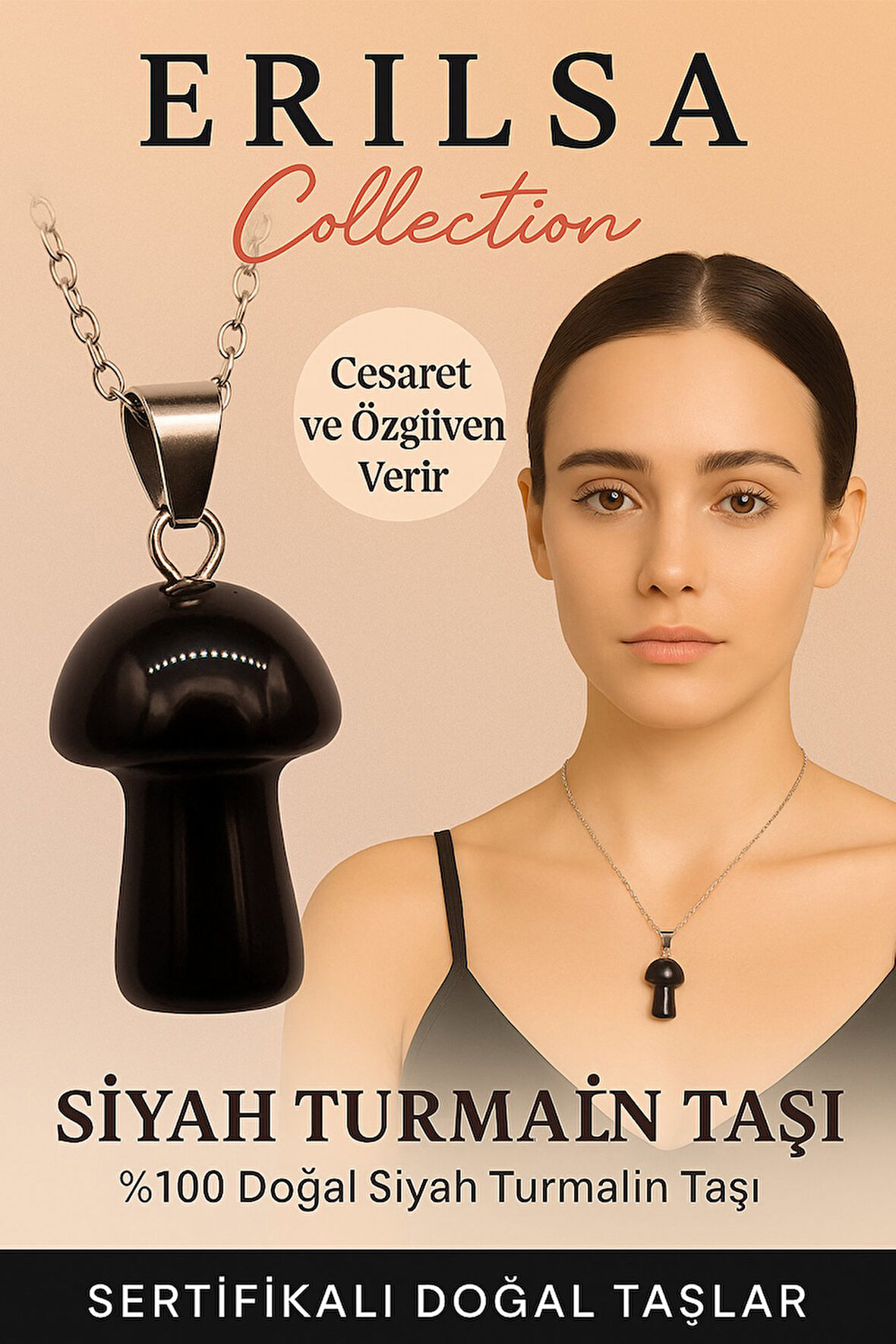 Sertifikalı Mantar Model Siyah Turmalin Taşı Kolye - Cesaret ve Özgüven Veren Doğal Taş