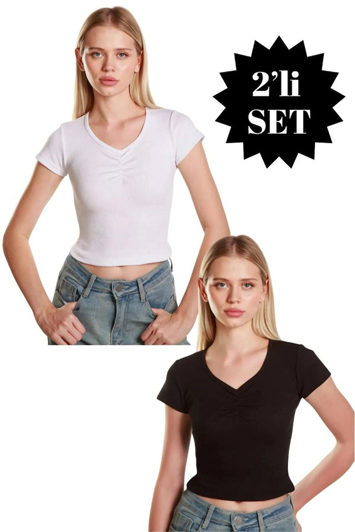 Kadın Crop Ön Yaka Büzgülü Fitilli Likralı Kollu Atlet Tshirt  BEYAZ SİYAH İKLİ SET