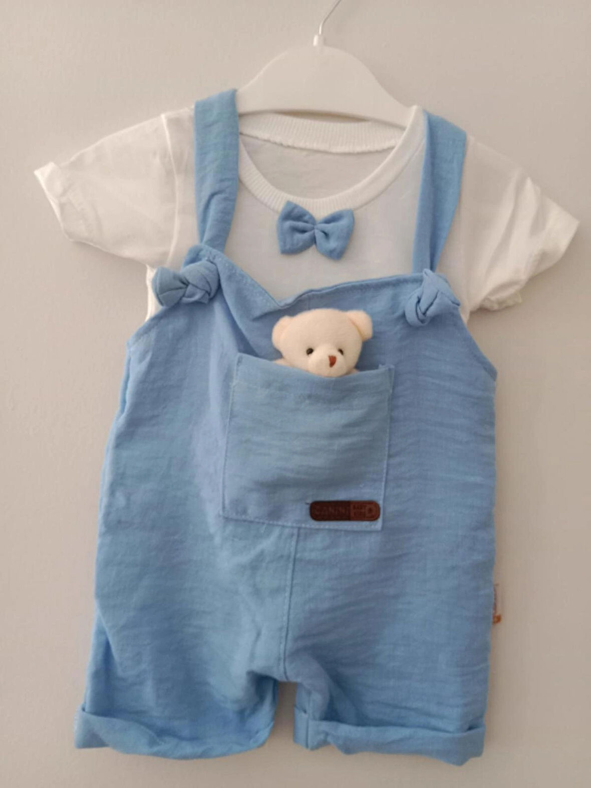 Canini Ayıcıklı kız-erkek keten salopet 2li takım baby&kıds 6-9-12 ay