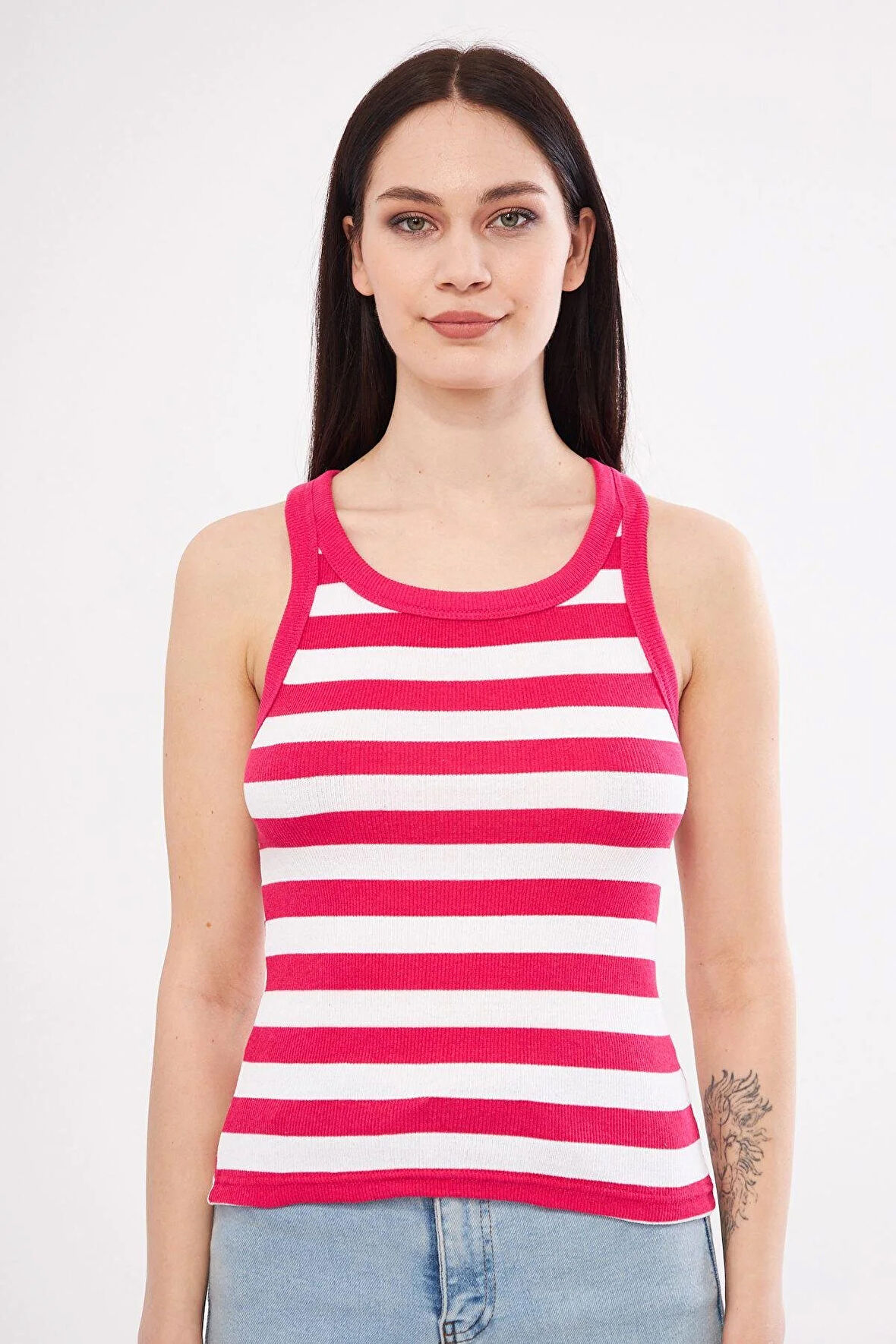 Kırmızı-Beyaz Kadın Fitilli Kaşkorse Halter yaka Atlet