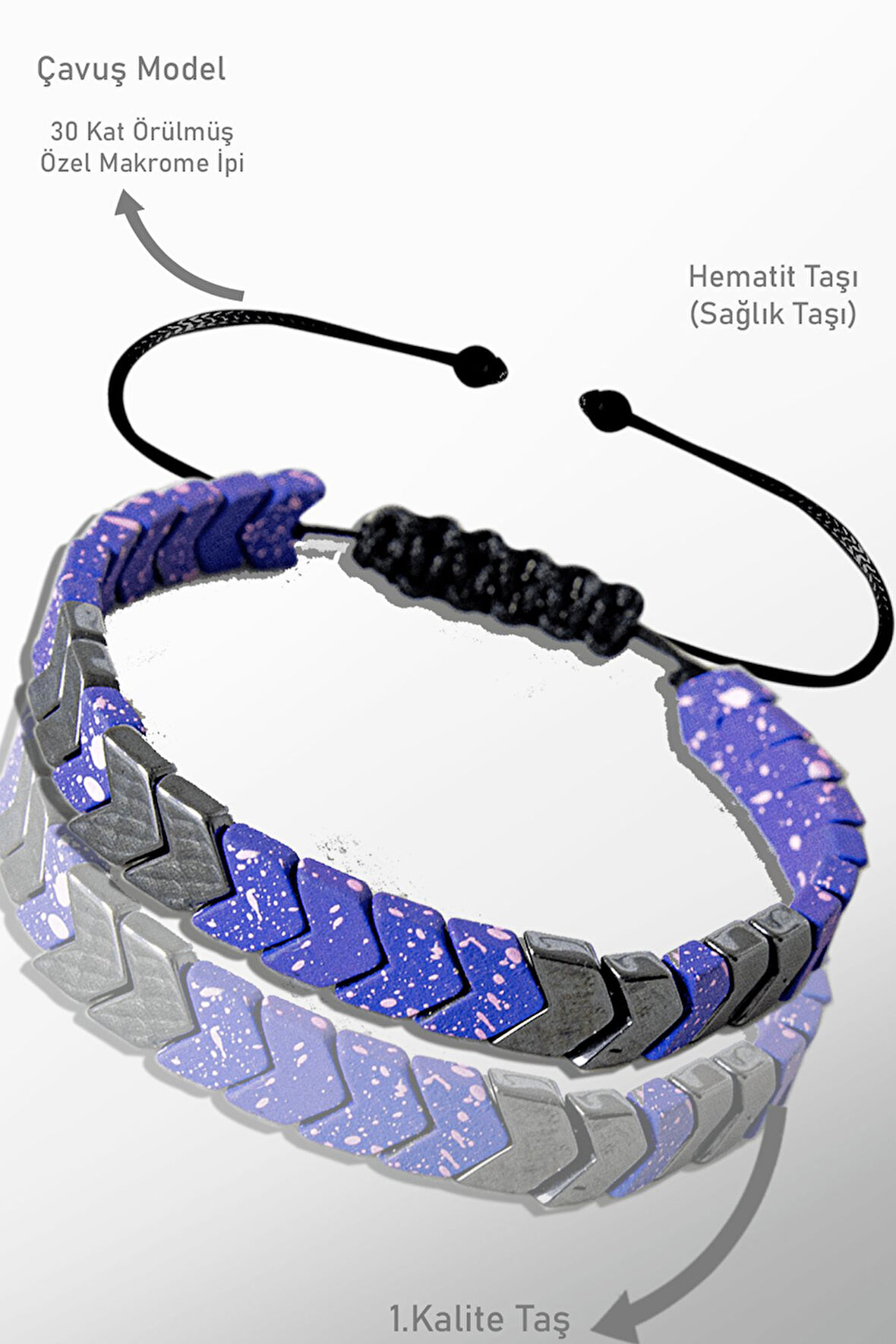 Sertifikalı Çavuş Model Mor Karlı Kuvars - Hematit Taşı Bileklik - Ayarlamalı