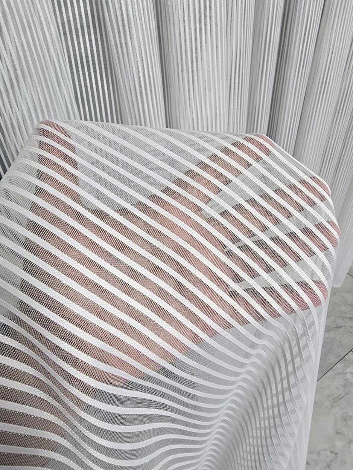 Kalın Çizgili Gümüş Simli Tül Perde Ekru 1 e 3 Pileli ET4010GUMUS