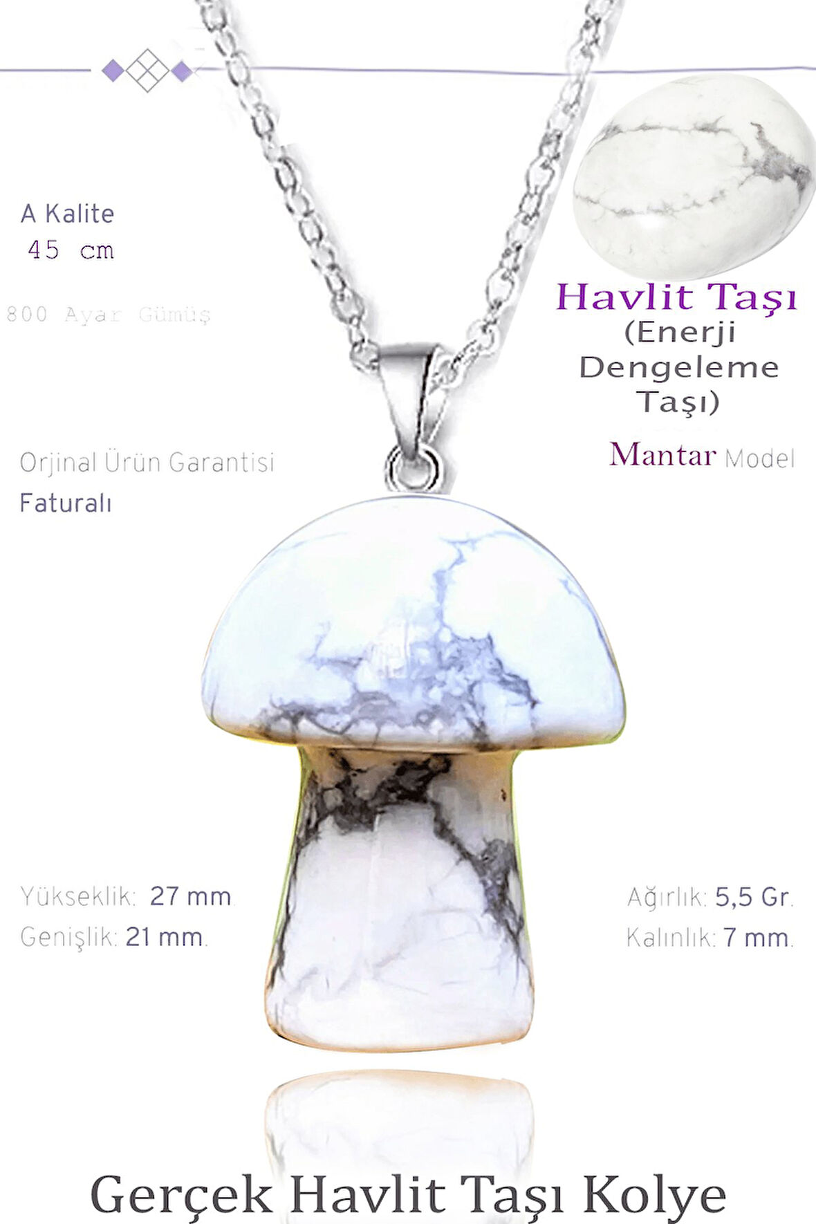 Sertifikalı Mantar Model Havlit Taşı Kolye - Gümüş Aparatlı