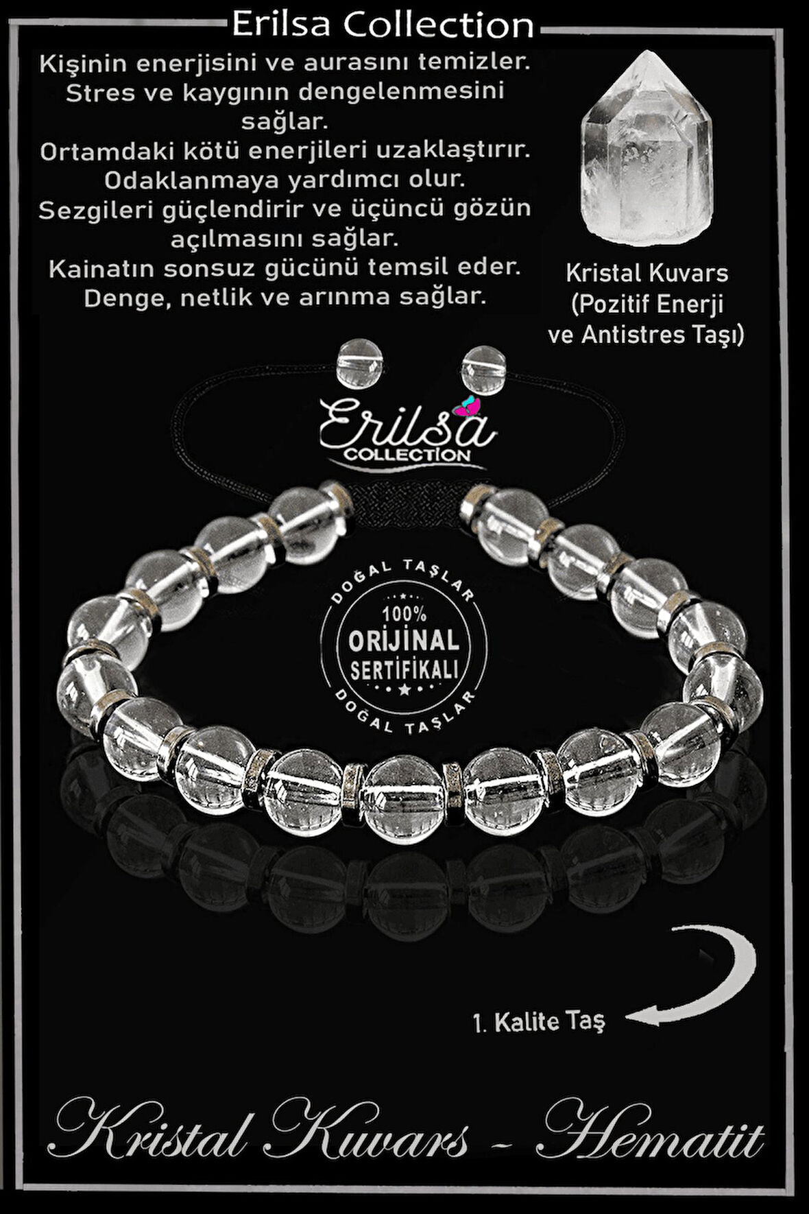 Sertifikalı Gerçek Hematit - Kristal Kuvars Taşı Bileklik - Ayarlamalı