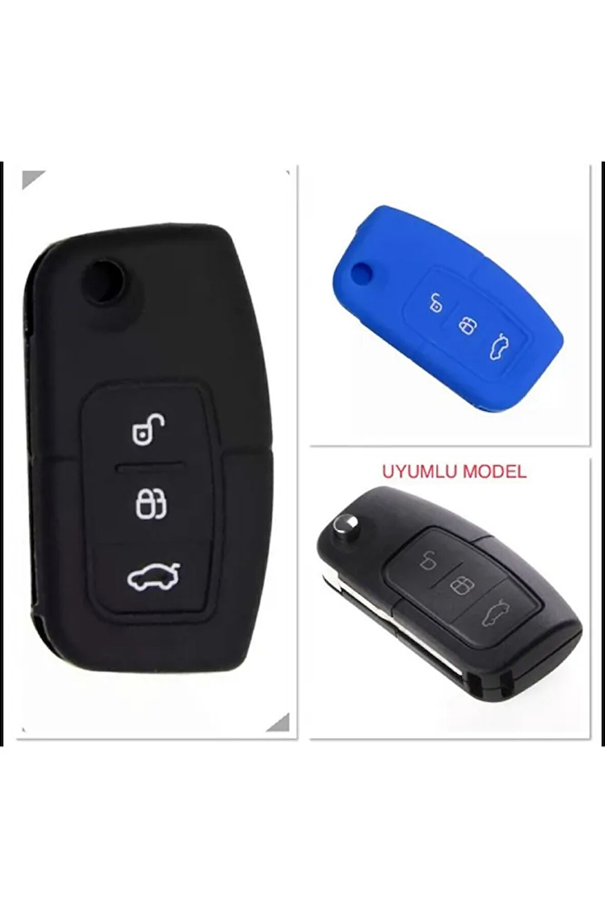 2 Adet Fiesta Focus B-max Kuga Uyumlu Silikon Anahtar Koruma Kılıfı Siyah Ve Mavi