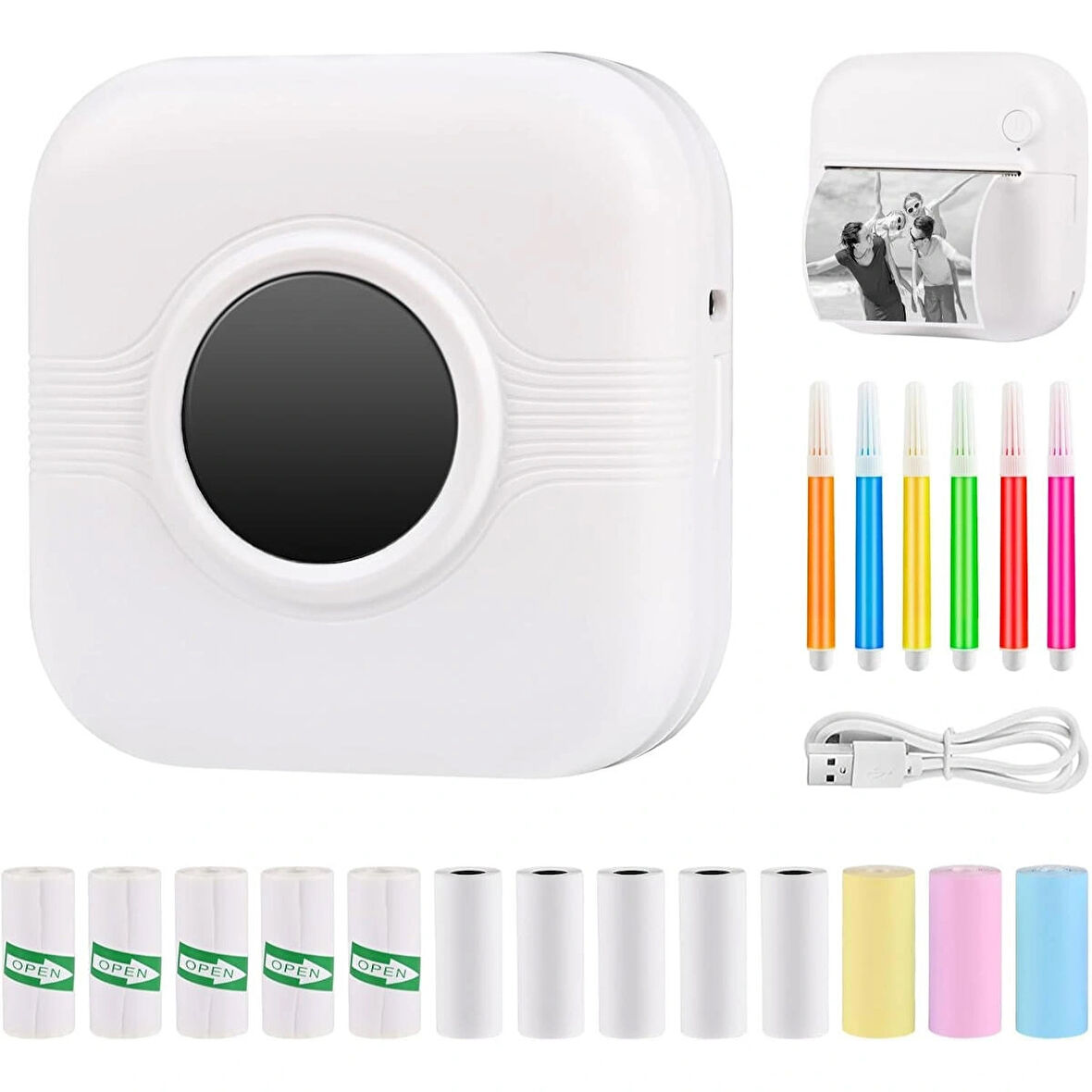 C17 Mini Taşınabilir Yazıcı 12 Rulo Kağıtlı Mürekkepsiz Etiket Yazıcısı  Mini Termal Yazıcı Beyaz